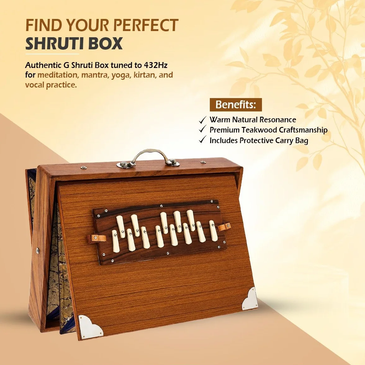 Caja Shruti grande, madera de teca maciza Sur Peti con bolsa, caja Shruti sintonizada a 432 Hz, Shruti de 40,6 cm con bolsa