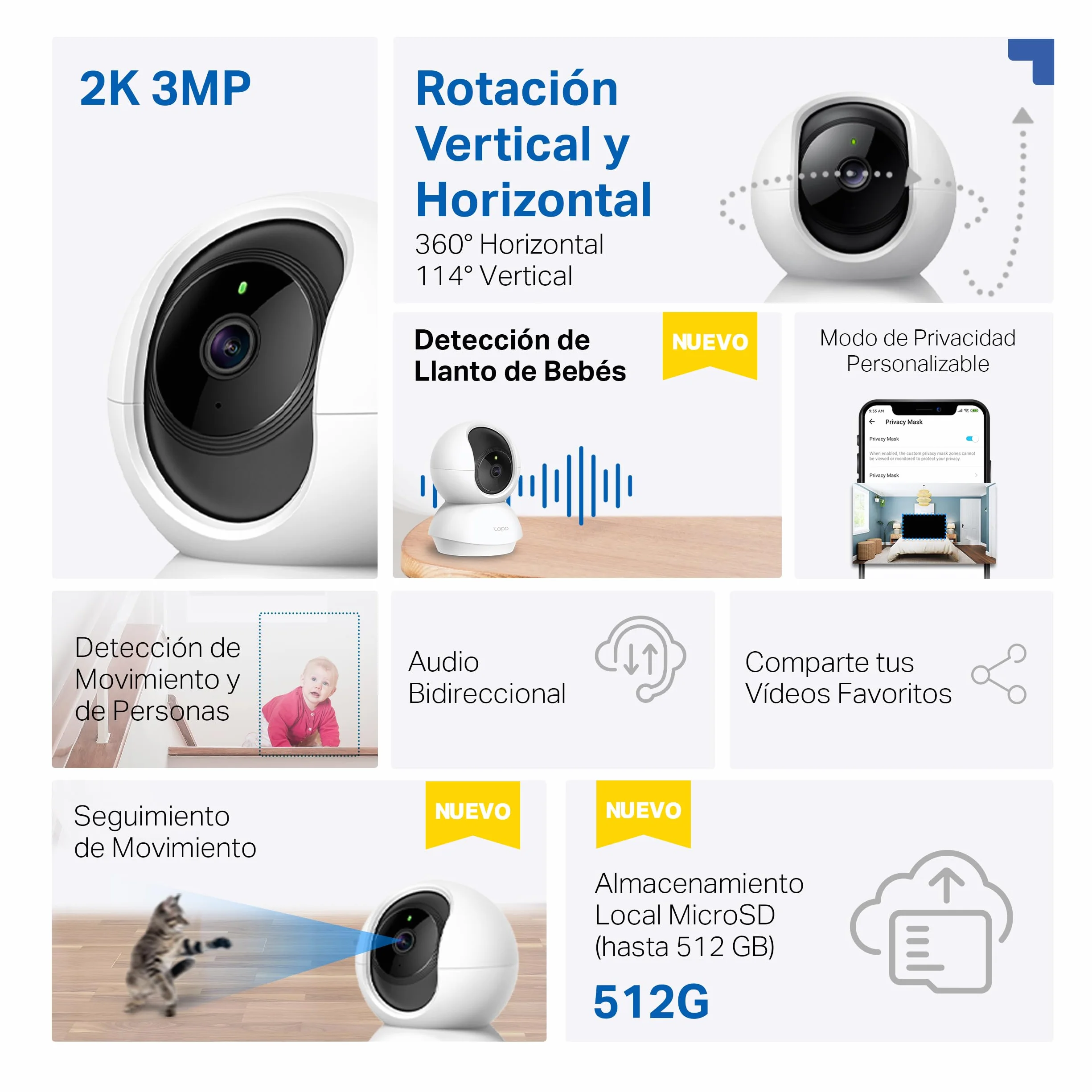 Tapo C210 Cámara IP WiFi 360° 2K Vigilancia Visión Nocturna Detección Movimiento Control Remoto Alexa