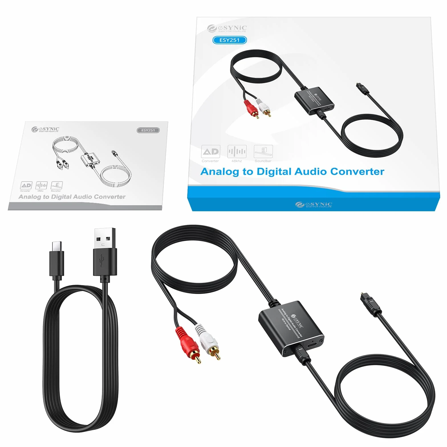 eSynic Convertidor RCA a Óptico, Audio Analógico a Digital, Toslink SPDIF, Aleación de Aluminio, Cable Macho para Barra de Sonido