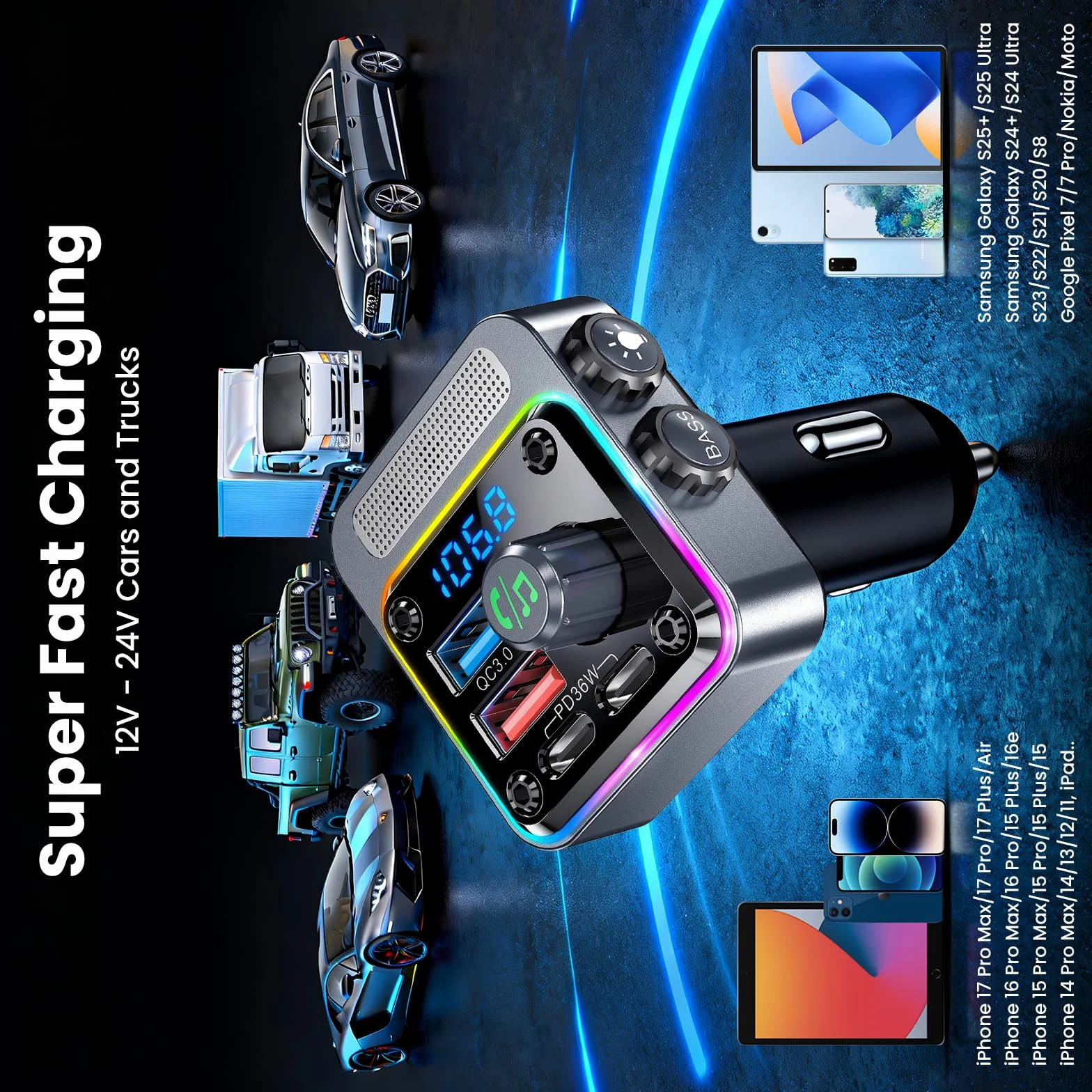 Gizmovine Transmisor FM Bluetooth Coche,Manos Libres Adaptador Bluetooth Radio Coche,Carga Rápida (USB C PD 36W QC3.0 18W),Mechero Accesorios Coche,Bass,Inalámbrico Reproductor Musica MP3