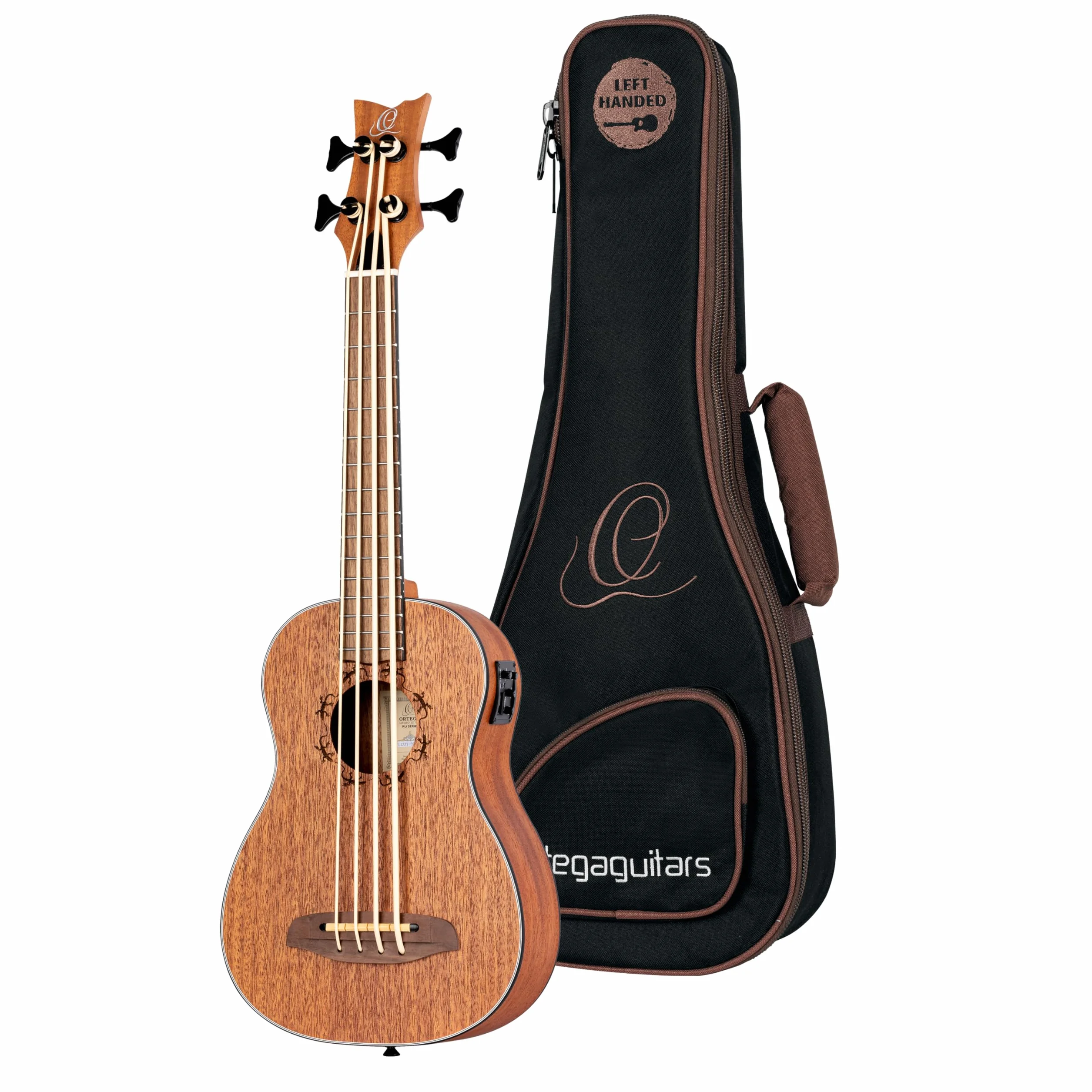 Ortega Guitars Travel Bass electro-acústico - zurdo - Serie Lizard - Ukelele bajo - incluye Gig Bag - Caoba (LIZZY-BS-GB-L)