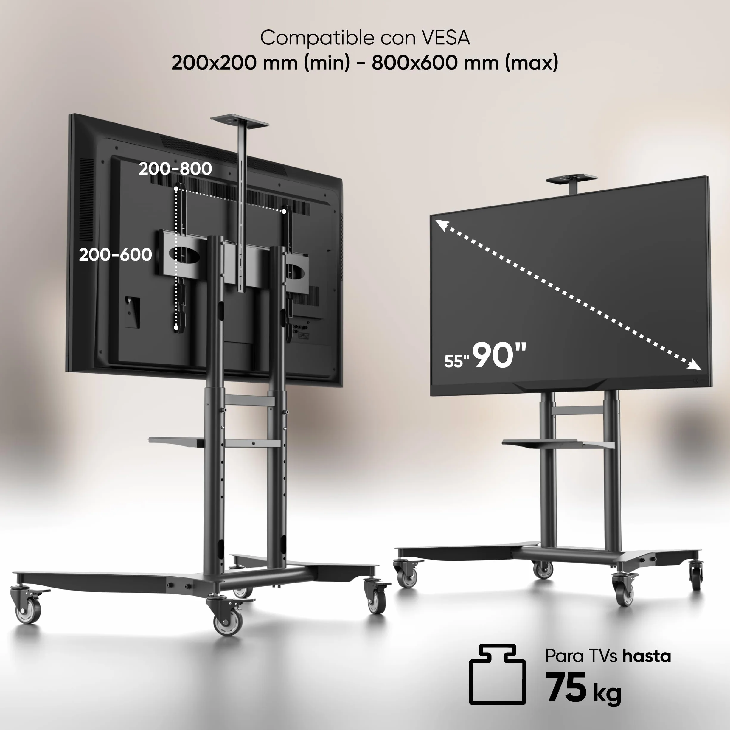 ONKRON Soporte TV Ruedas 55-90 Pulgadas, VESA 200x200-800x600 mm, Carga 90 kg, Regulable Altura, Acero, Negro