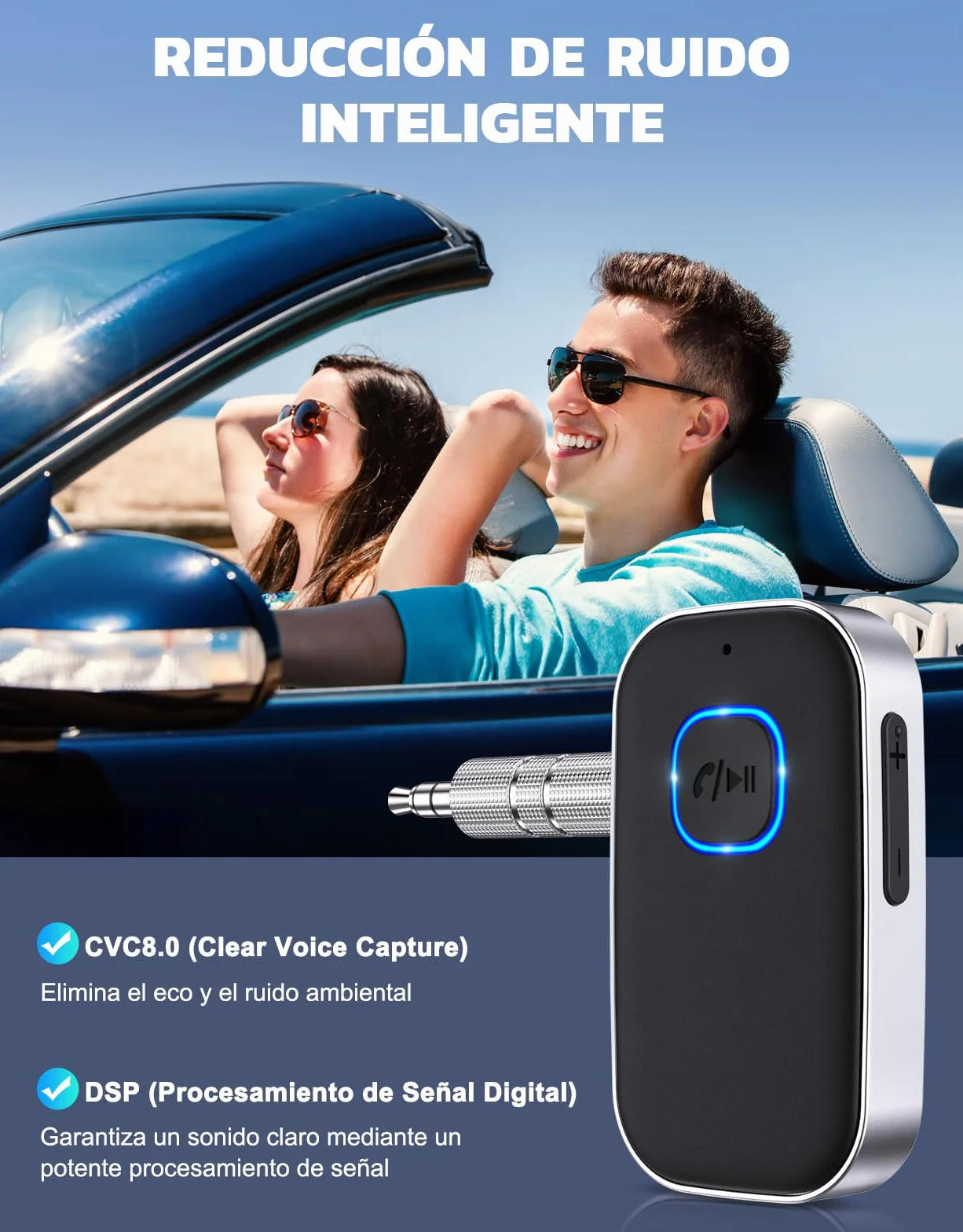 Bluetooth 5.3 Receptor Audio Coche Jack 3.5mm Adaptador 16Hrs Dual Conexión HiFi Manos Libres