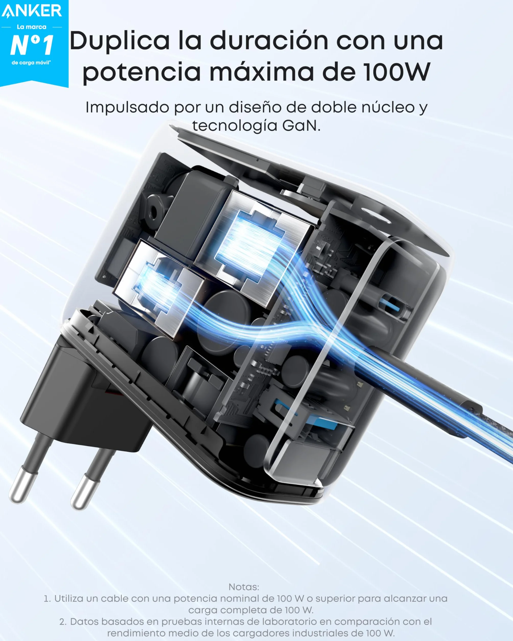 Anker Cargador USB C 100 W, Cargador de Pared GAN Compacto de 3 Puertos, Compatible con MacBook, iPad, iPhone 17/16/15