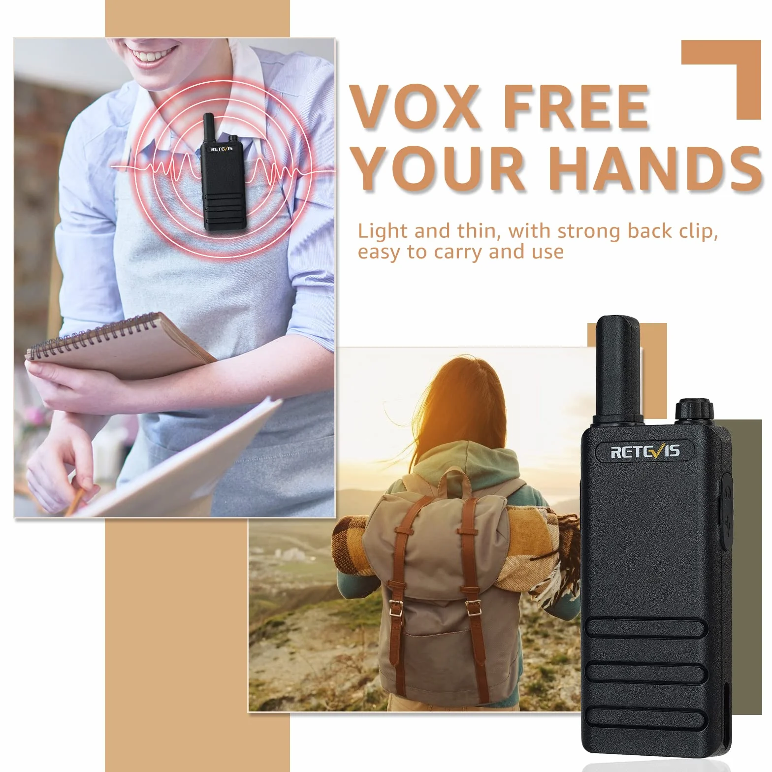 Retevis RT622P Walkie Talkie, 1620mAh PMR446 Mini Walkie Talkie Professional USB-C, Ligero y Compacto, VOX, 15 mm Ultrafino Walkie Talkies Recargable para Camping, Ciclismo, Familia (2 Piezas, Negro)