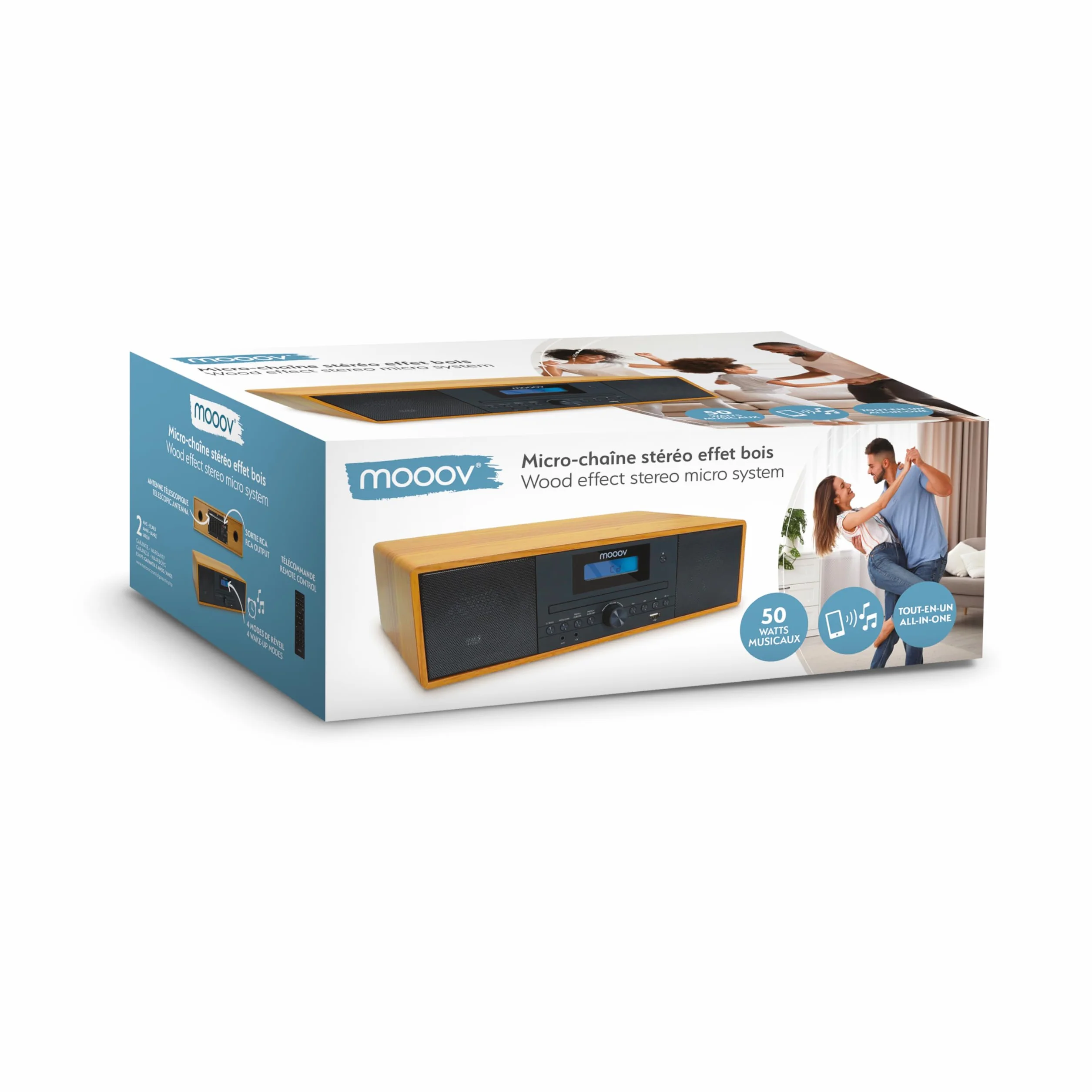 Mooov 477380 - Microcadena HiFi estéreo 50W Musicales, Reproductor CD, Bluetooth, Radio FM, USB, AUX-IN, RCA, Despertador, Mando a Distancia