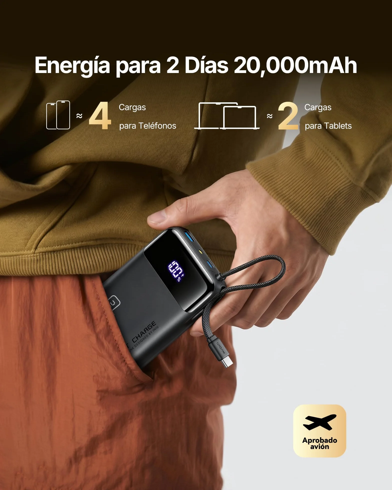INIU Power Bank 20000mAh 45W Carga Rapida Bateria Externa con Cable USB-C Integrado para iPhone iPad Samsung Xiaomi