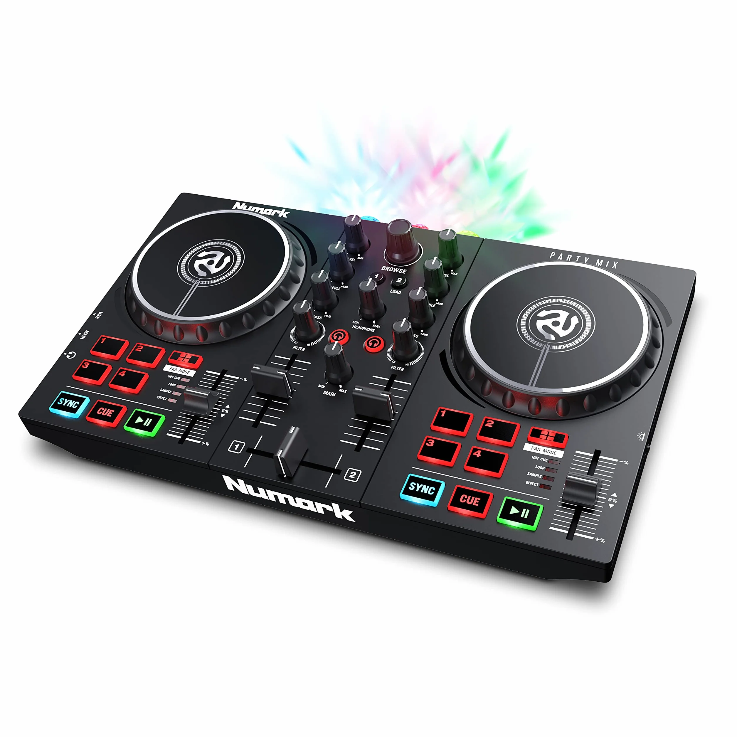 Numark Party Mix II Controladora DJ, Mesa de Mezclas Con Luces Integradas, Mezclador DJ e Interfaz Audio, Con Serato DJ Lite