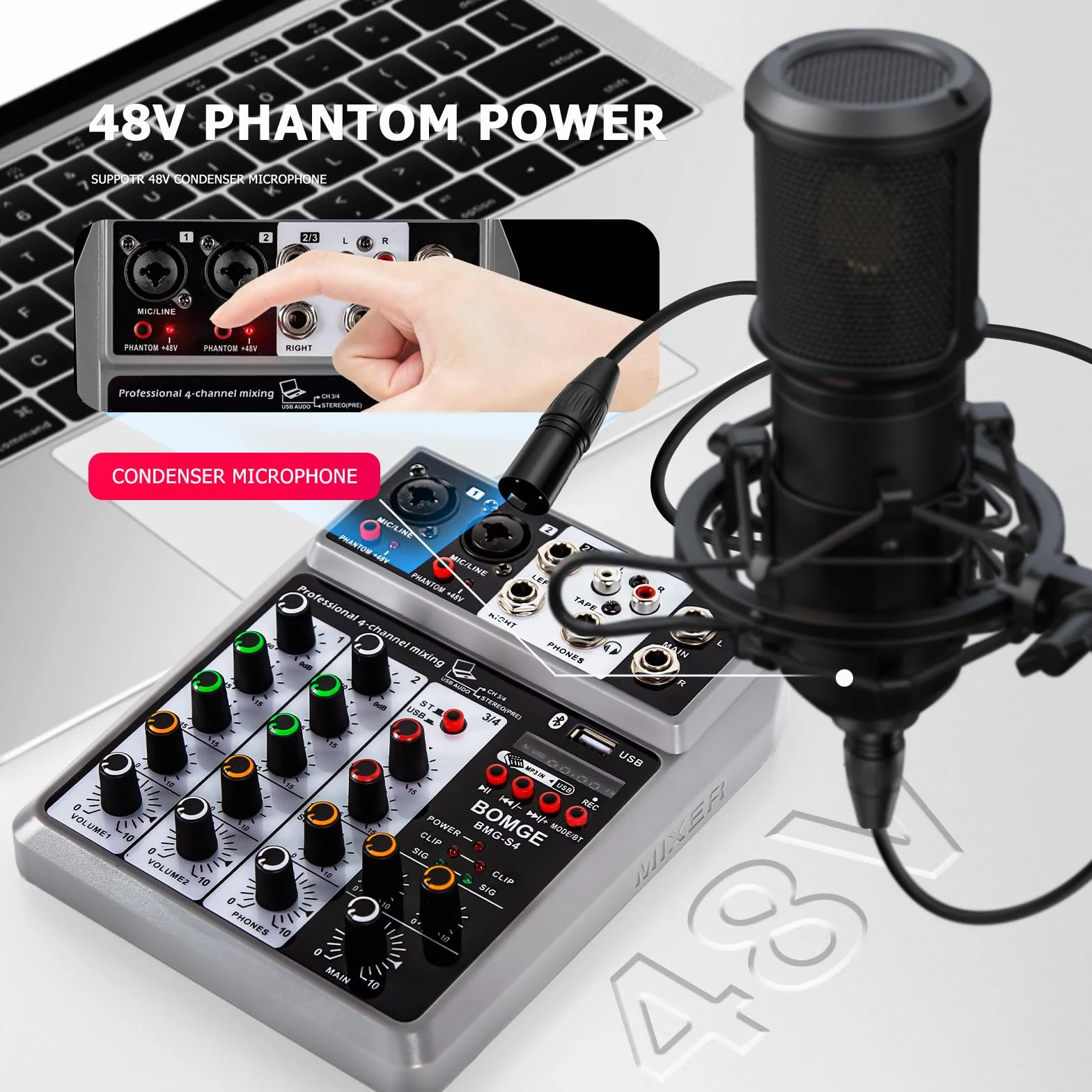 BOMGE Mezclador de audio profesional, consola de mezcla de placa de sonido con 4 canales digitales USB Bluetooth Echo Delay, entrada de 48 V Phantom Power Stereo DJ mezcladores para grabación