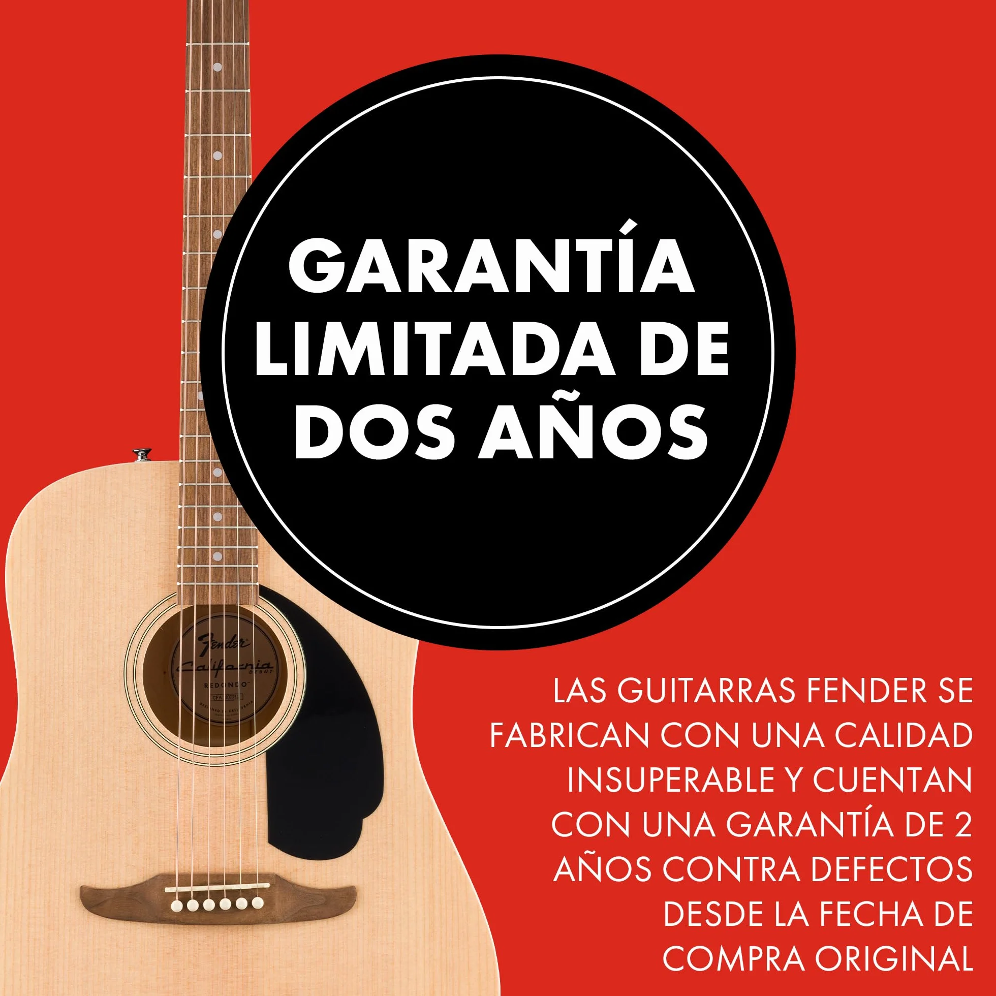 Fender guitarra acústica California Debut Redondo en acabado natural, funda, correa, cable, púas, soporte para guitarra