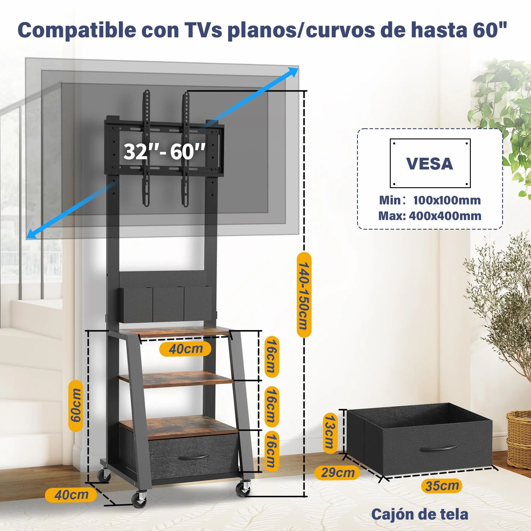 Soporte de TV con Ruedas, cajón y Almacenamiento, para TV Planas/Curvas de 23"-60", hasta 72kg, Altura Ajustable, Carrito móvil para TV, para hogar, Oficina, Exteriores, VESA máximo de 400 x 400mm