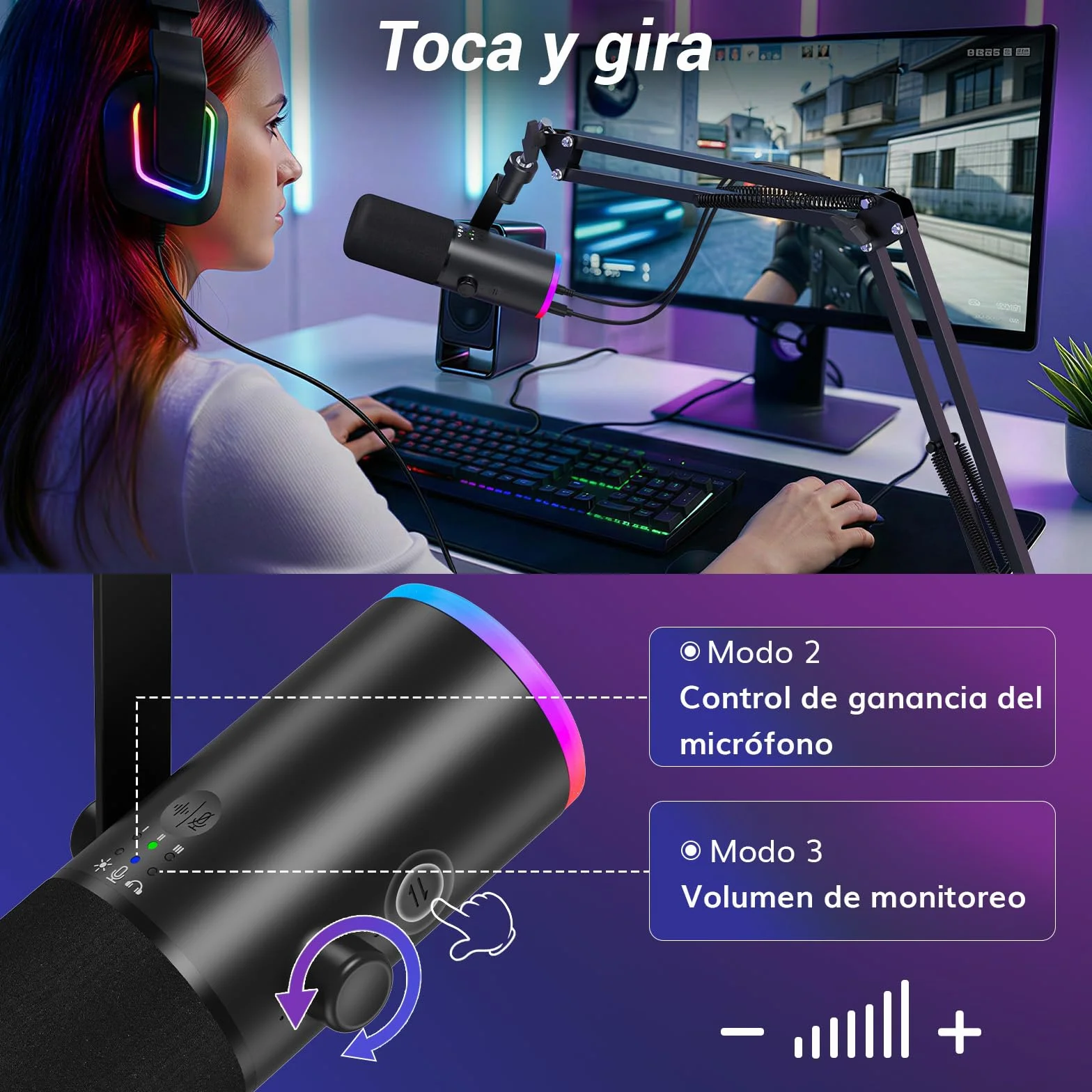 TONOR Microfono de Gaming Dinámico para PC, Micrófono Cardioide Streaming XLR/USB con Brazo para Podcast/Estudio, Cancelación de Ruido IA,RGB Controlable,Conector Auriculares 3,5 mm,Negro,TD510 AIR H+