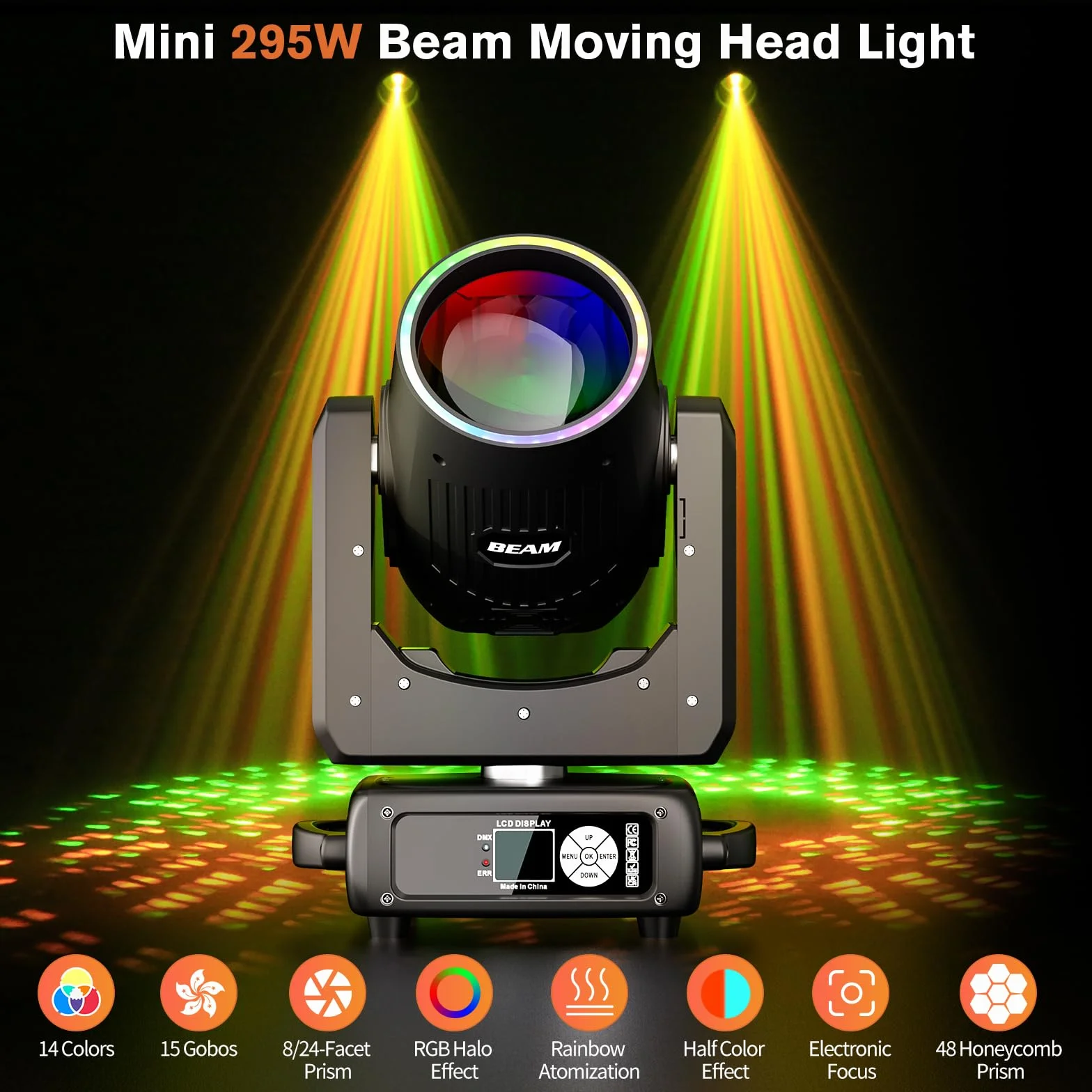 2Pcs Cabeza Móvil LED de Haz de 295W, Enfoque Electrónico 14+1 Patrones 13+1 Colores Efecto de Atomización de 48 Prismas para Escenario Club DJ Fiesta Boda Navidad