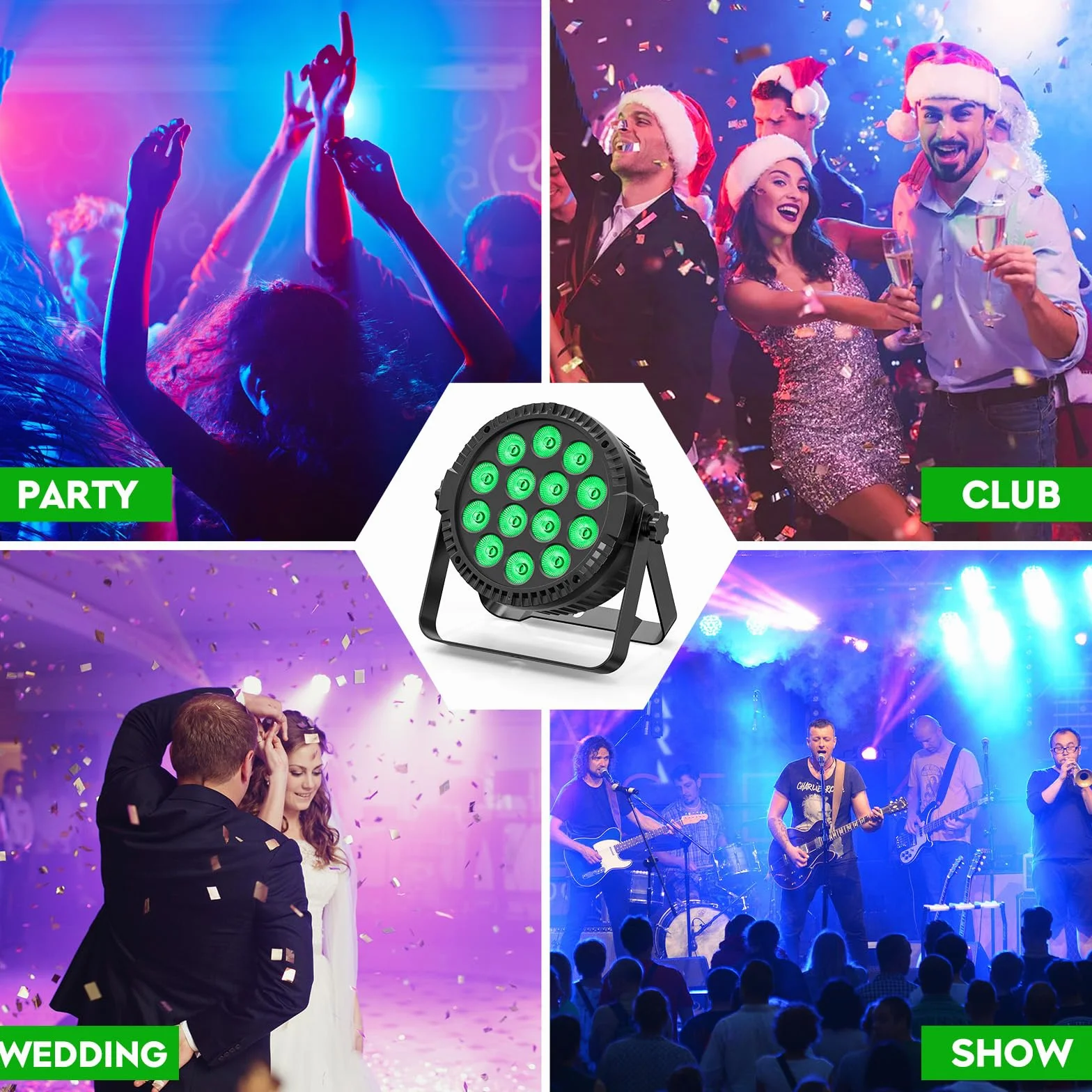 Juego de 4 focos LED par de 84 W con bolsa, 14 LED, luz de escenario, luz de fiesta, RGBW 4 en 1, DMX512, con mando a distancia, iluminación para escenario, DJ, fiesta, espectáculo, bar, Halloween,