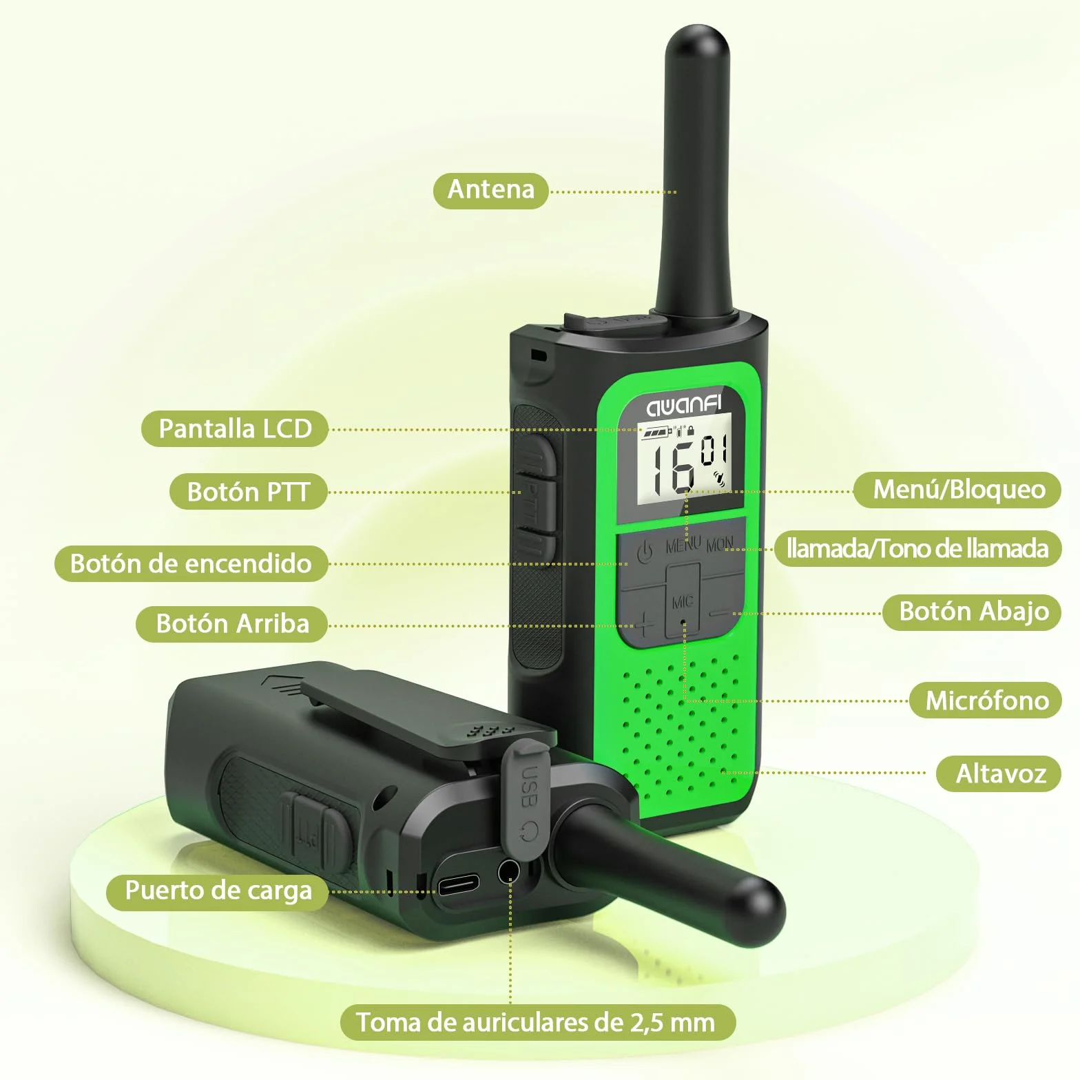 Walkie Talkie Recargable con 1200mAh Li-Ion Batería, Walkie Talkies para Niños Adulto, Walky Talky con 16 Canales VOX, Walkie-Talkies para Ciclismo Camping Senderismo