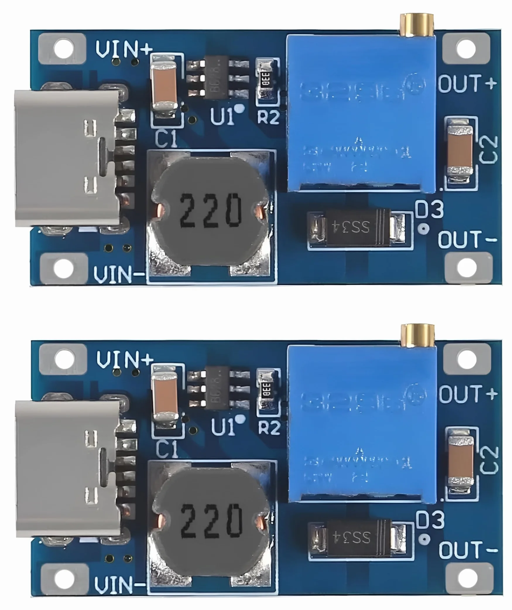 MT3608 (2 unidades) Módulo Elevador DC-DC Boost/Step-Up Ajustable, USB Tipo C. Convertidor de 2V~24V a 5V~28V, 2A