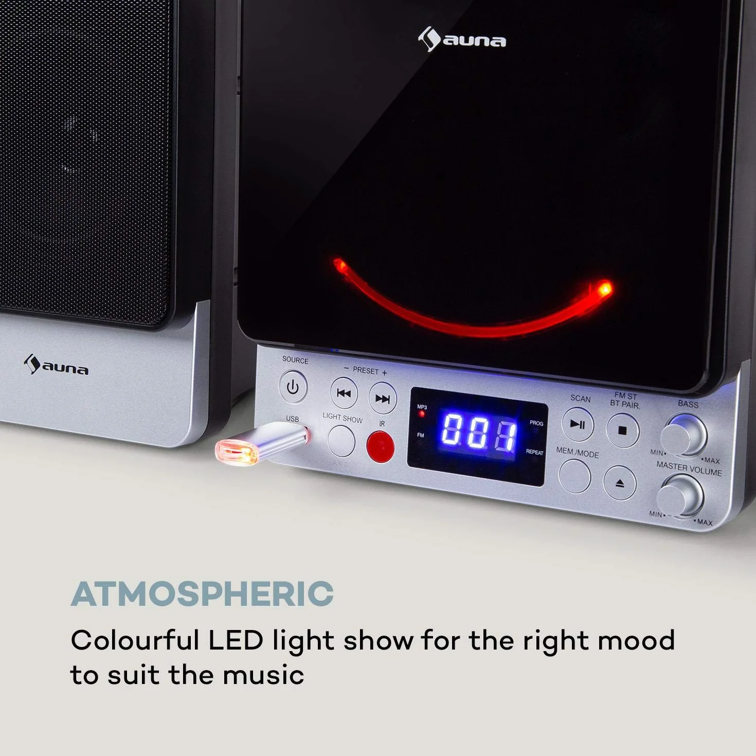 auna Microstar – Minicadena de música Vertical, Reproductor de CD, Bluetooth, Altavoces estéreo, USB, Pantalla LCD, iluminación LED, Vertical o en Pared, Entrada AUX/Salida de vídeo, Plateado