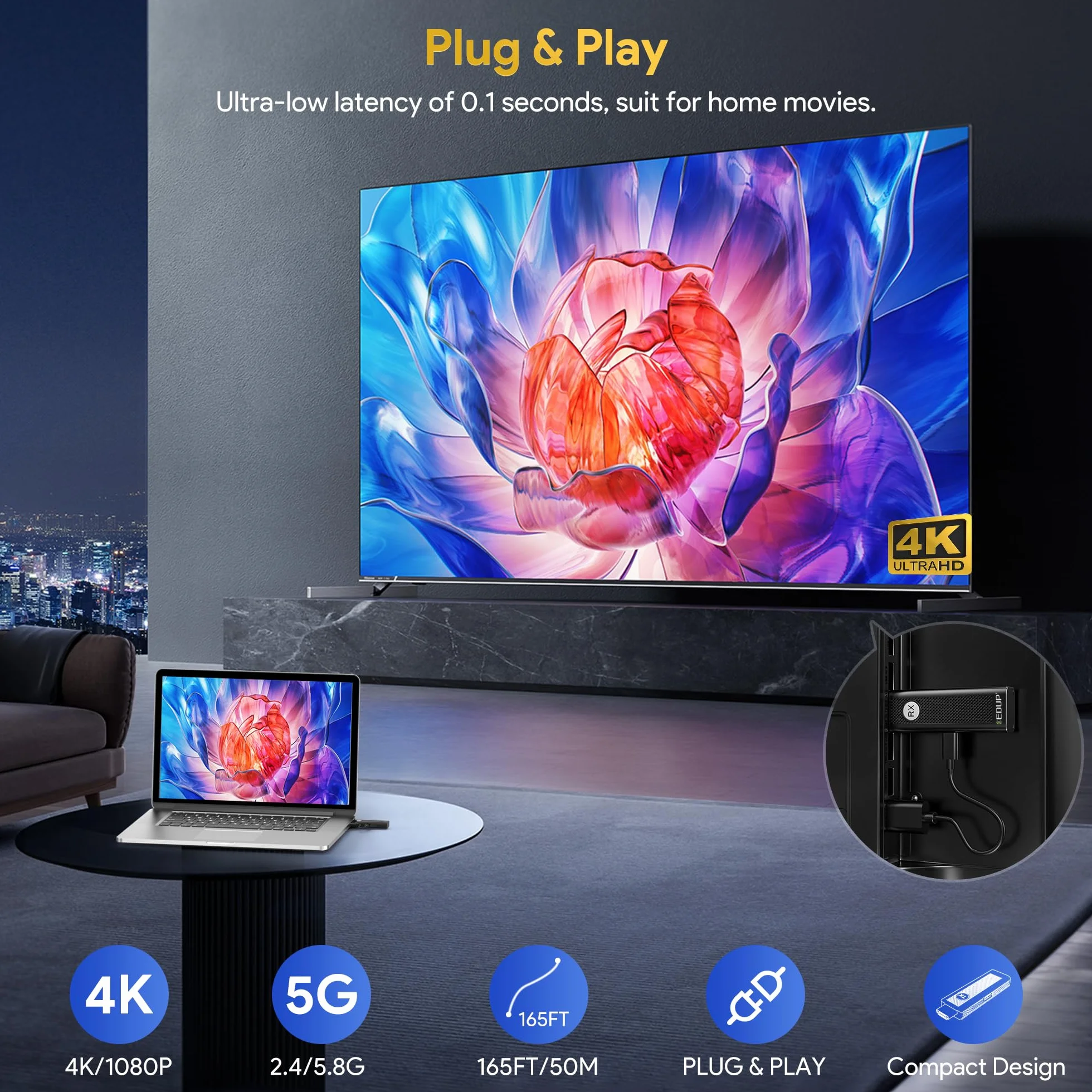 HDMI Inalámbrico 1080P Transmisor y Receptor Plug & Play para PC, Portátil, HD TV, Smartphone, PS5 y Proyector, HDMI Wireless, Streaming de Video
