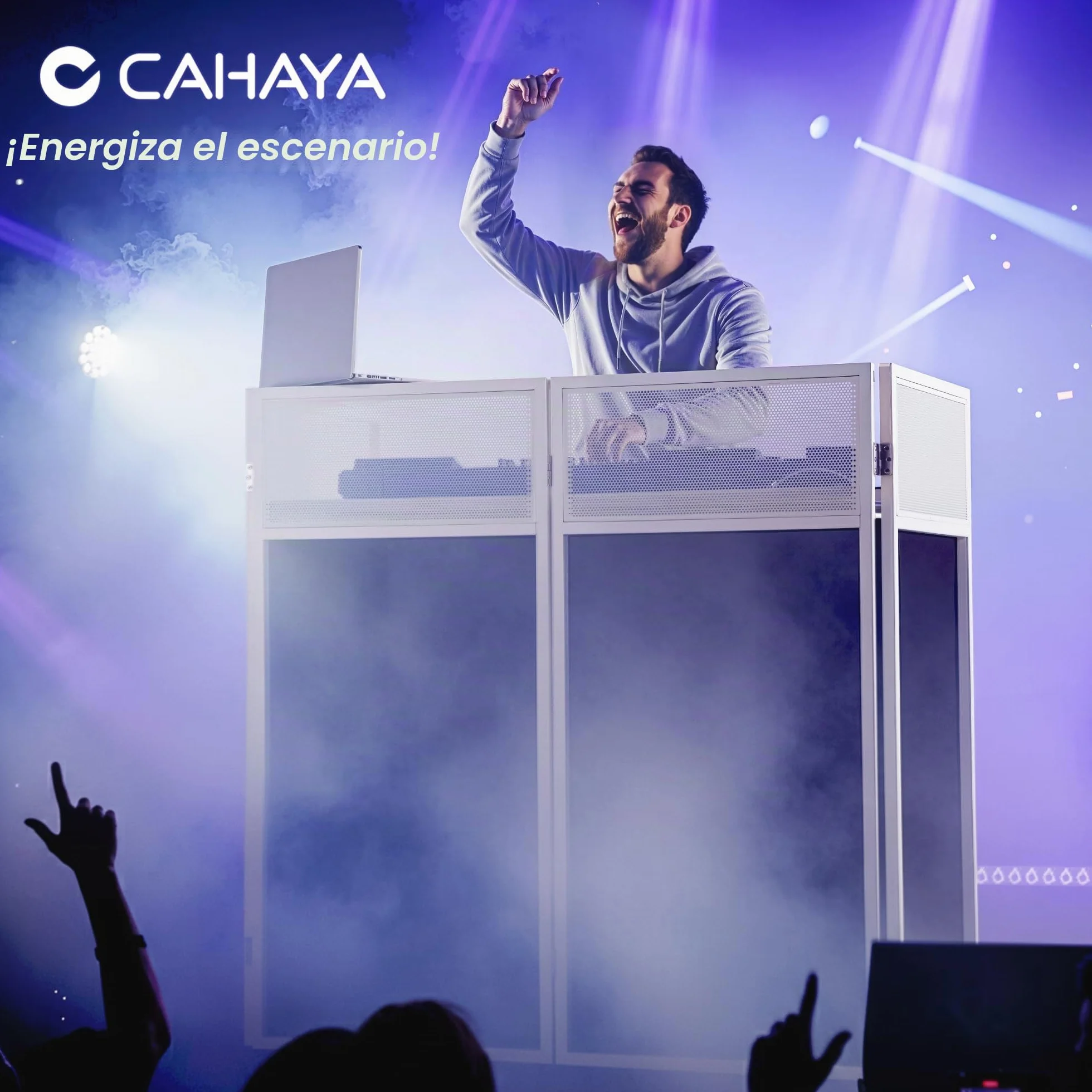 CAHAYA Mesa DJ Portátil Plegable – Cabina DJ con Fundas Negra y Blanca, Estructura Metálica Estable, Gestión de Cables y Bolsa de Transporte, para Controlador y Portátil, 102×51 cm, Blanco