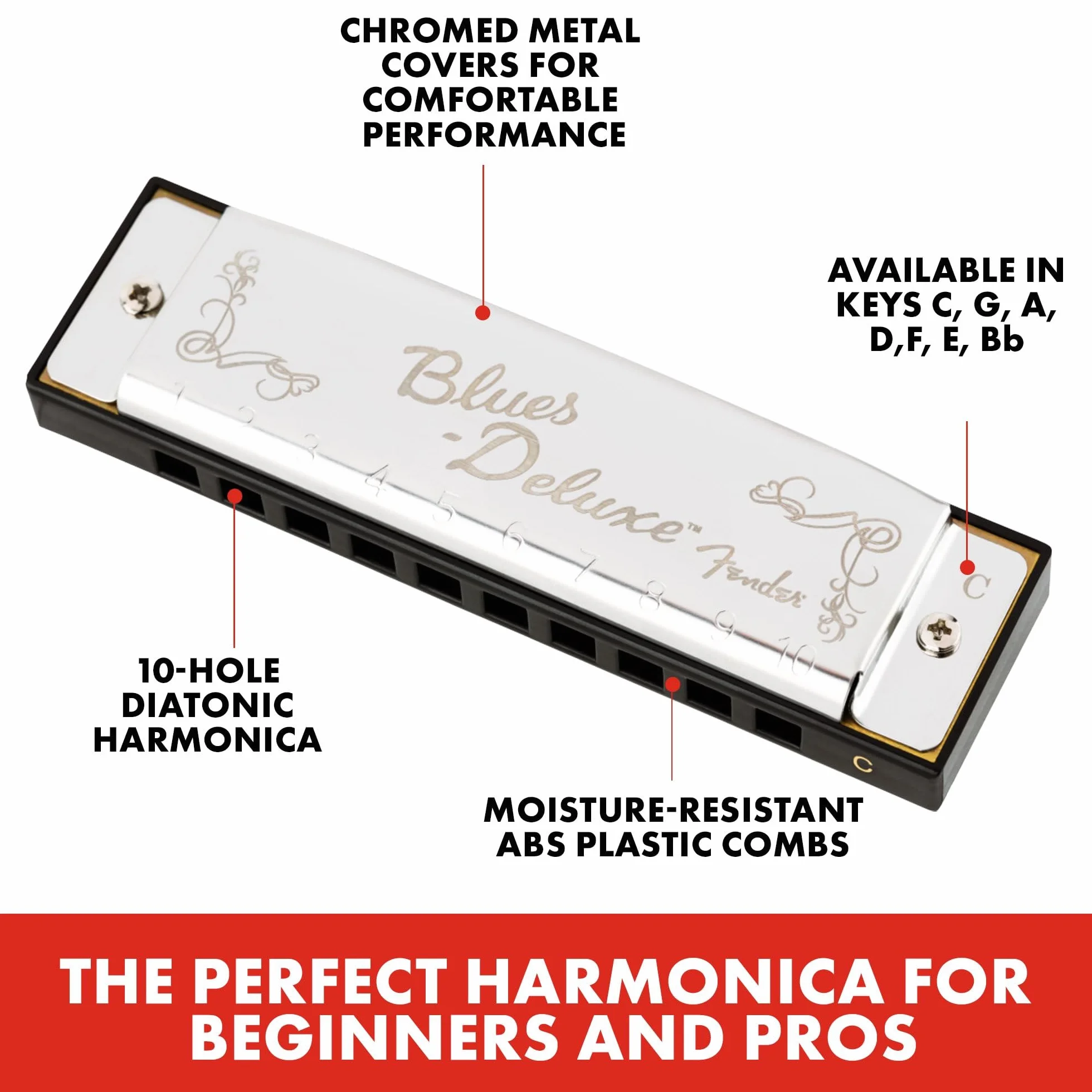 Fender - Armónica de lujo Blues Deluxe, juego de 3 unidades con funda (tonos Do, Sol y La)