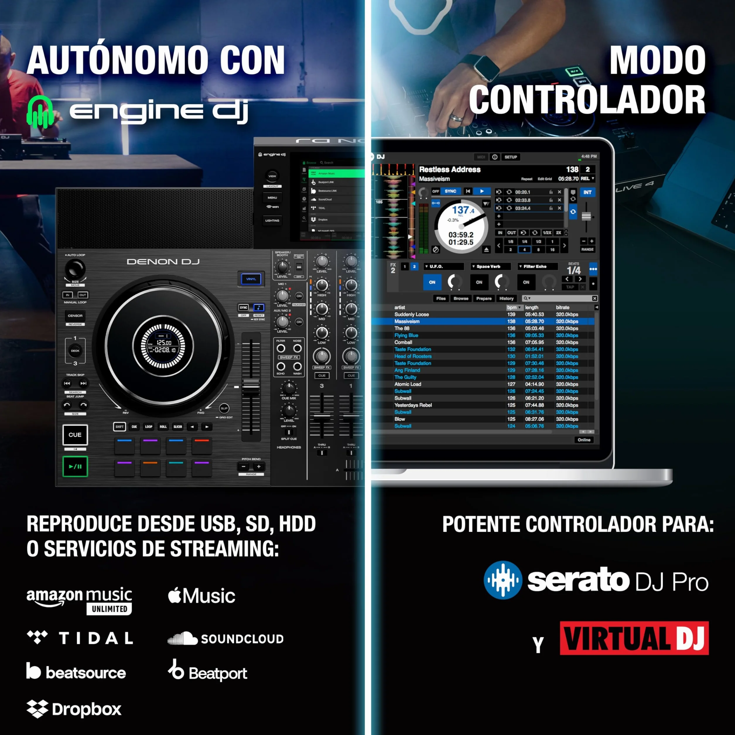 Denon DJ SC LIVE 4 Controlador DJ con separación de stems en 4 decks, streaming por wifi, altavoces integrados, compatible con Serato DJ y Virtual DJ