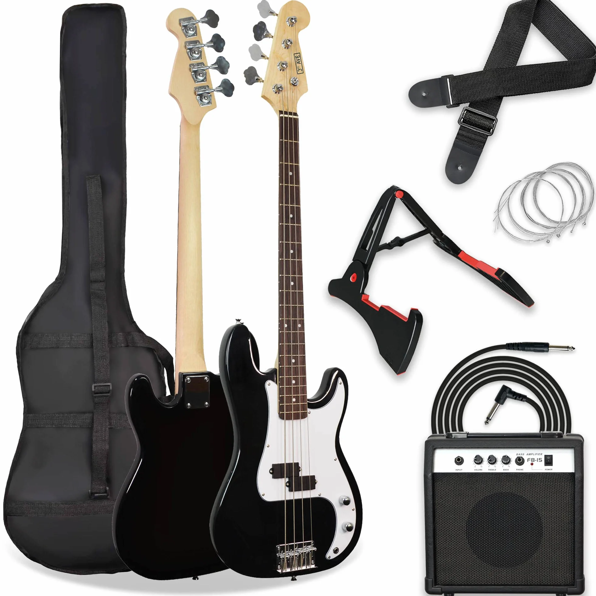 3rd Avenue Paquete de bajo eléctrico de tamaño completo en negro con amplificador de guitarra, bolsa, soporte y accesorios, negro con blanco