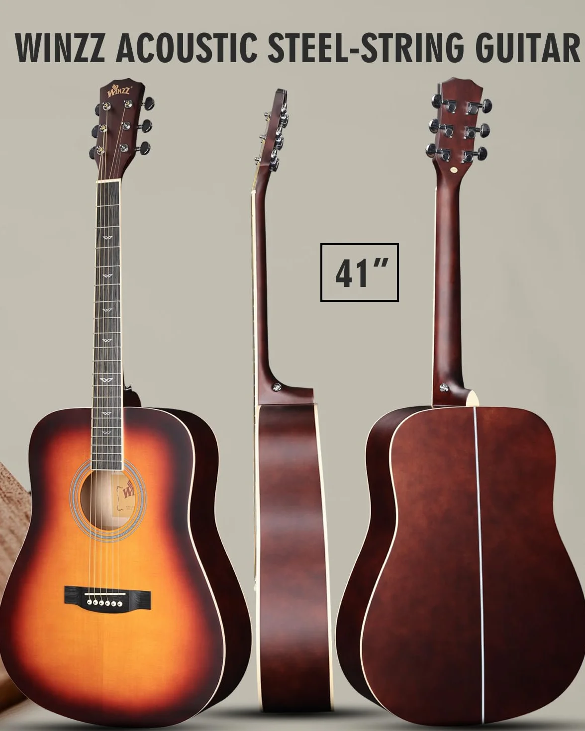 Winzz Guitarra Folk Acústica 4/4 Adulto Sunburst Para Principiantes, Incluye Funda, Afinador, Correa, Púas, Juego Extra de Cuerdas Y Soporte Para Guitarra