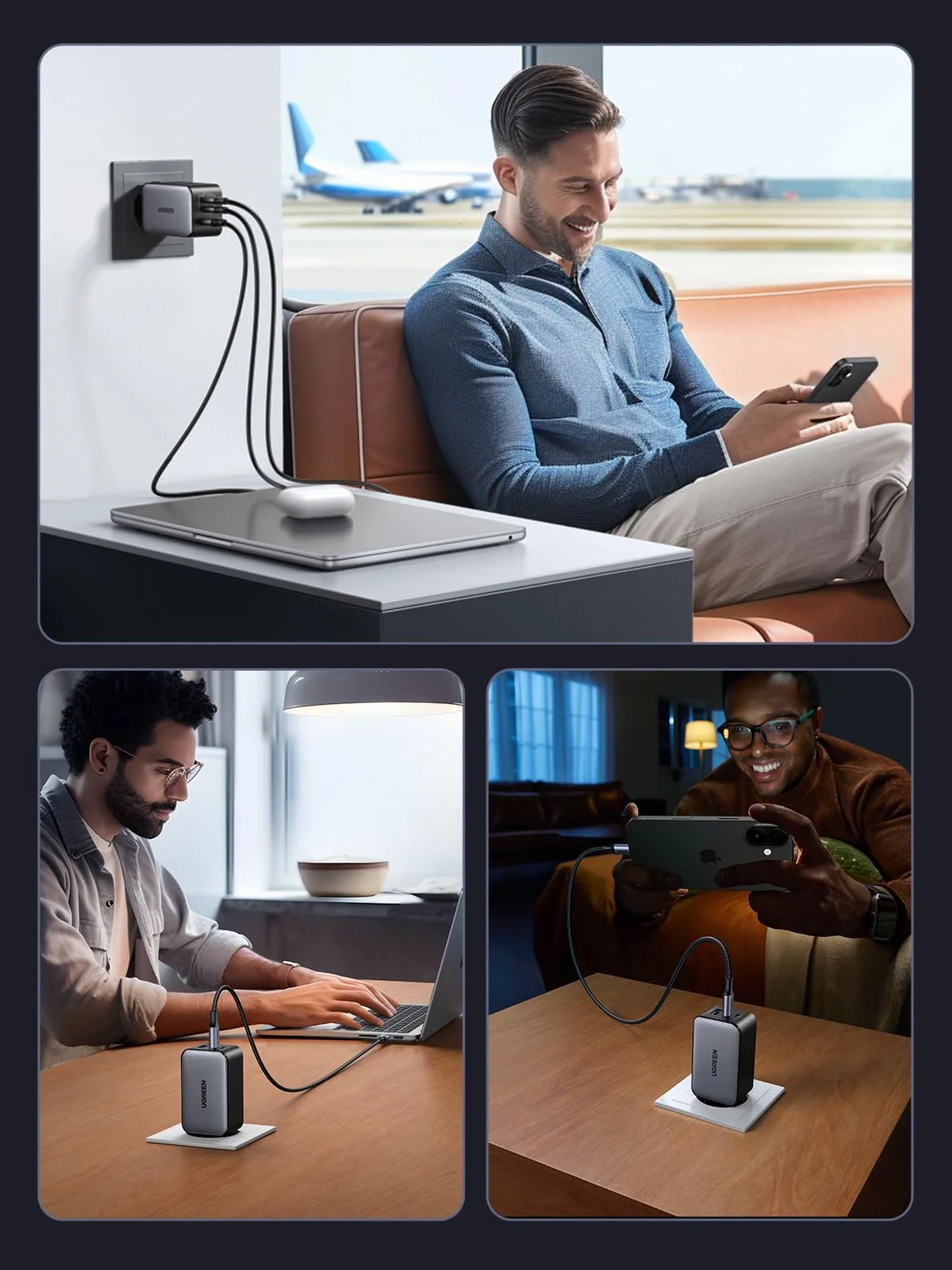 UGREEN Nexode 65W Cargador USB C 3 Puertos Carga Rápida Tipo C Gris