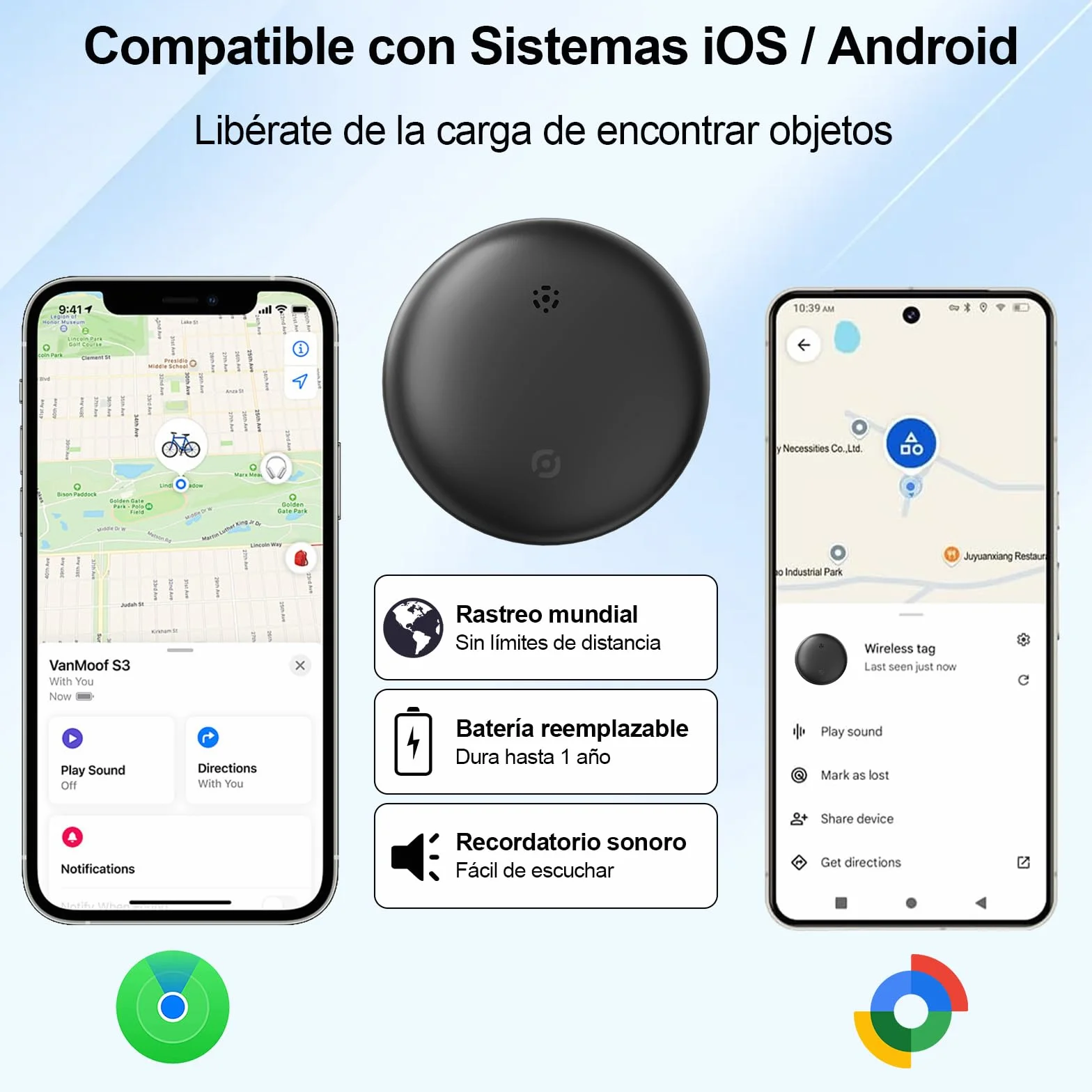 GPS Localizador para Coche, Rastreador Oculto Sin Cuota Mensual, Compatible con Find My iOS y Google Find Hub Android, Negro