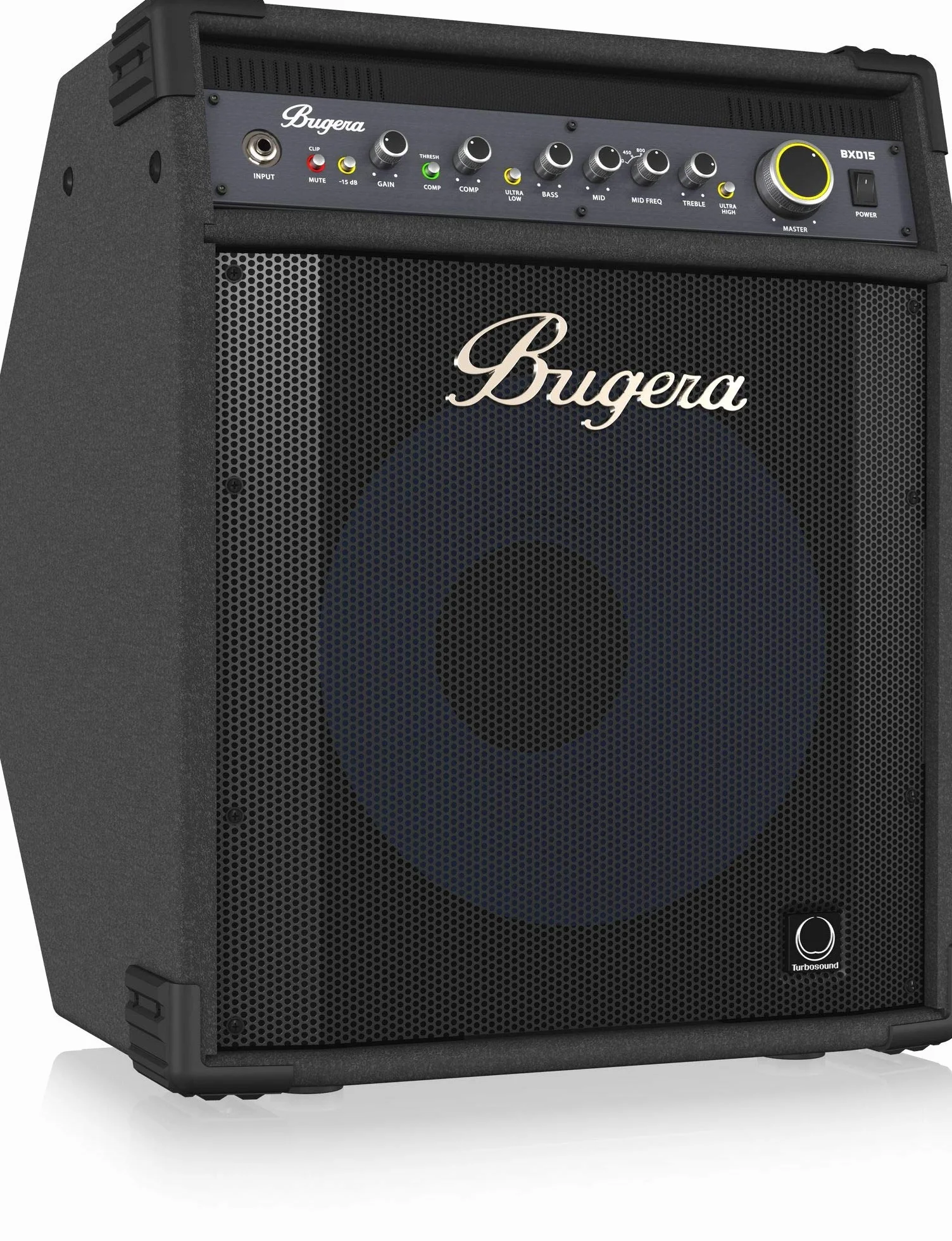 Bugera ULTRABASS BXD15A Amplificador de graves de 1000 W con altavoz de cono de aluminio Turbosound original de 15", preamplificador MOSFET, compresor y tecnología DYNAMIZER