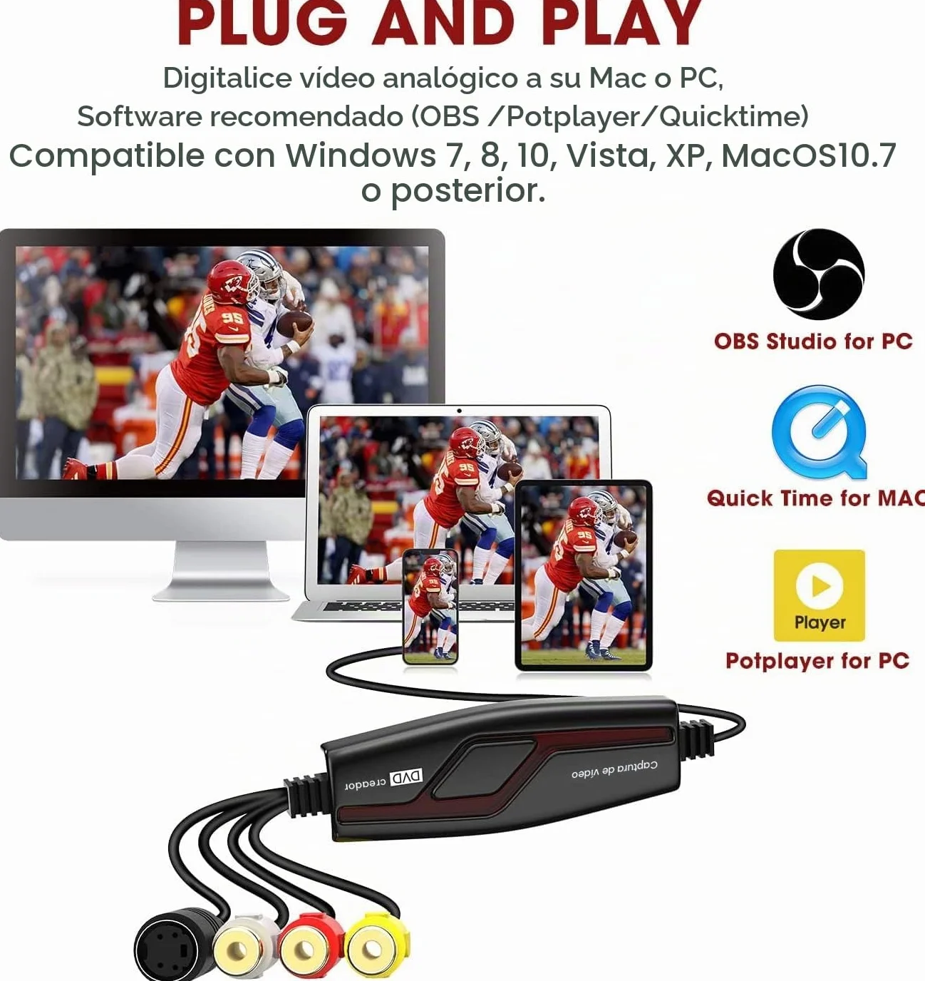DIGITNOW!Convertidor de Captura de Vídeo USB,Hi8 VHS a DVD Digital Grabber Grabador ,Capturadora de Audio Vídeo para Mac Windows,Digitalizadora y Edite con Adaptador Scart/AV