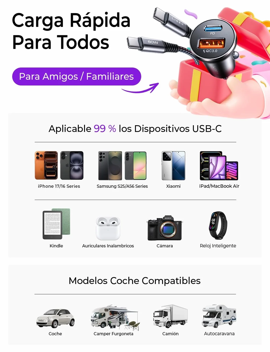 LISEN Cargador Coche Carga Rápida USB C 69W+60W Cable 12/24V para iPhone 17 16 Samsung S26 Kindle iPad
