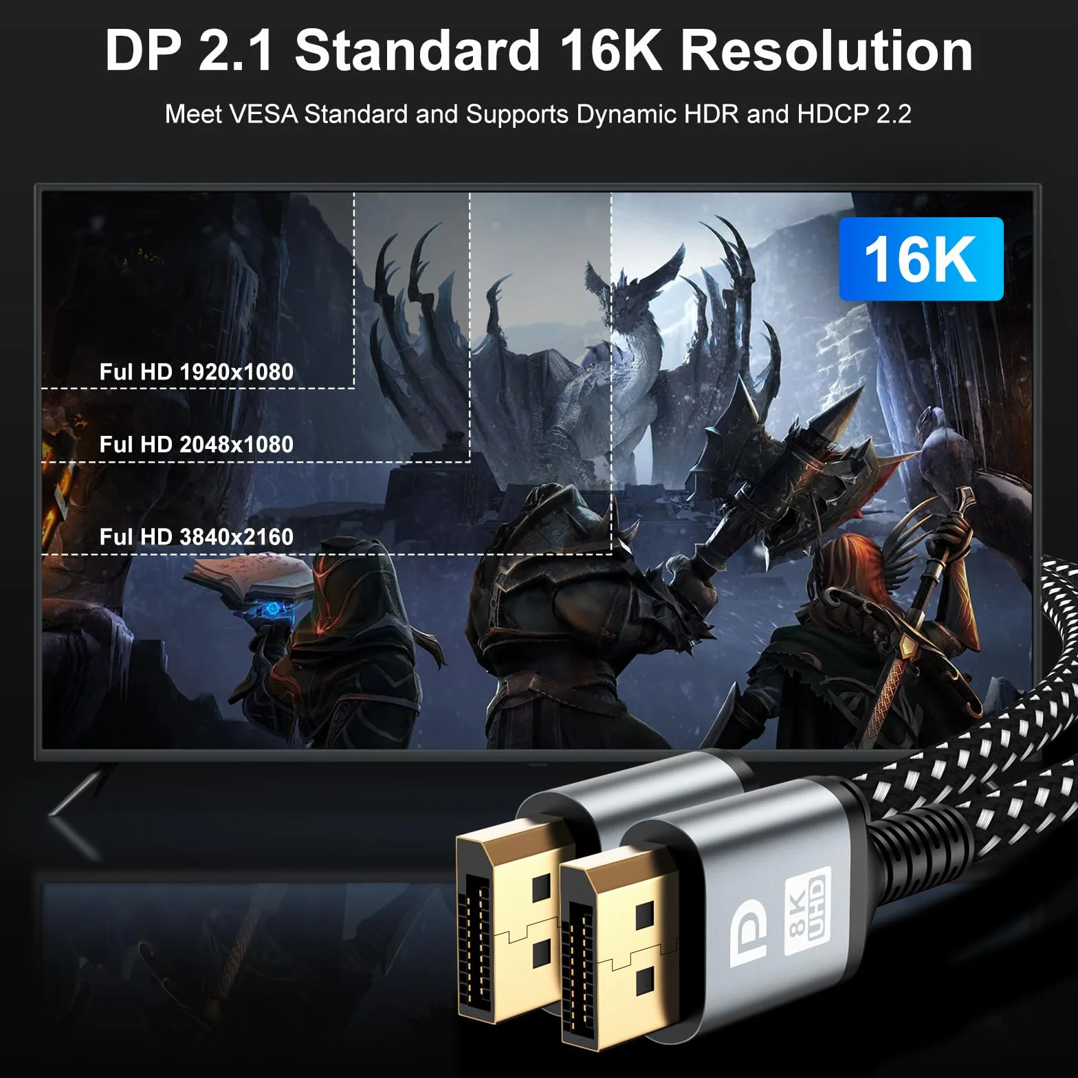 Cable DisplayPort 16K 3 m, [4K@240Hz/165Hz/144Hz, 16K@60Hz, 8K @120Hz, 2K@240Hz], cable DP 2.1 HBR3 DSC 1.2, HDCP 2.2, G-Sync y Free-Sync para monitor de juegos, tarjetas gráfico, PC, portátil
