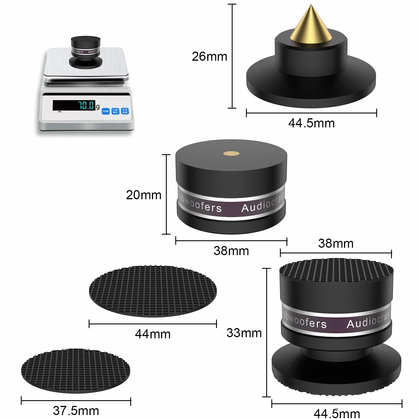 Juego de 4 tacos de aluminio para altavoz, altura regulable, negro