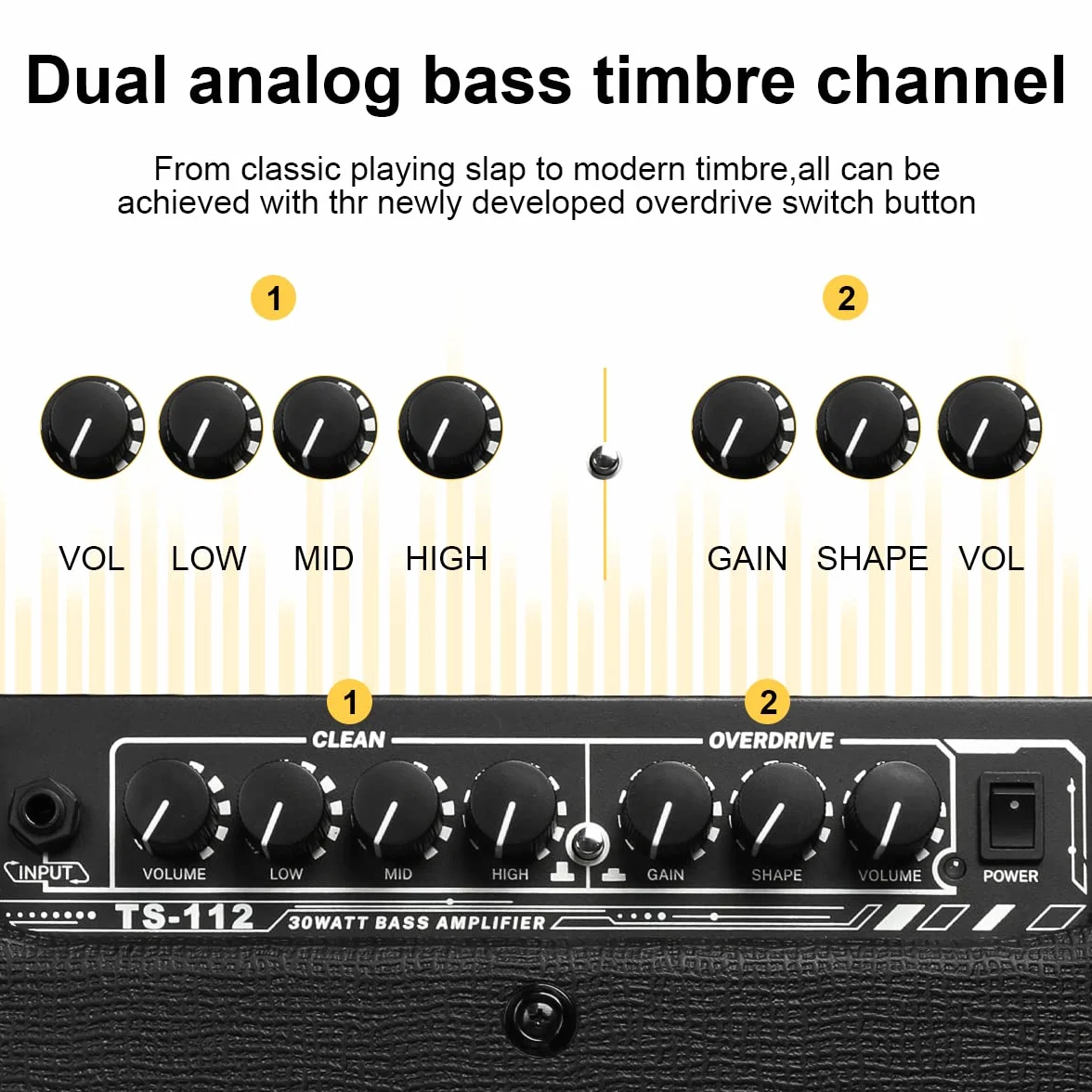 TS112 Amplificador de Guitarra Bajo 30W Amplificador Combo de Bajo Eléctrico con Limpio Integrado y Distorsión Overdrive Cambio de Doble Tono Práctica