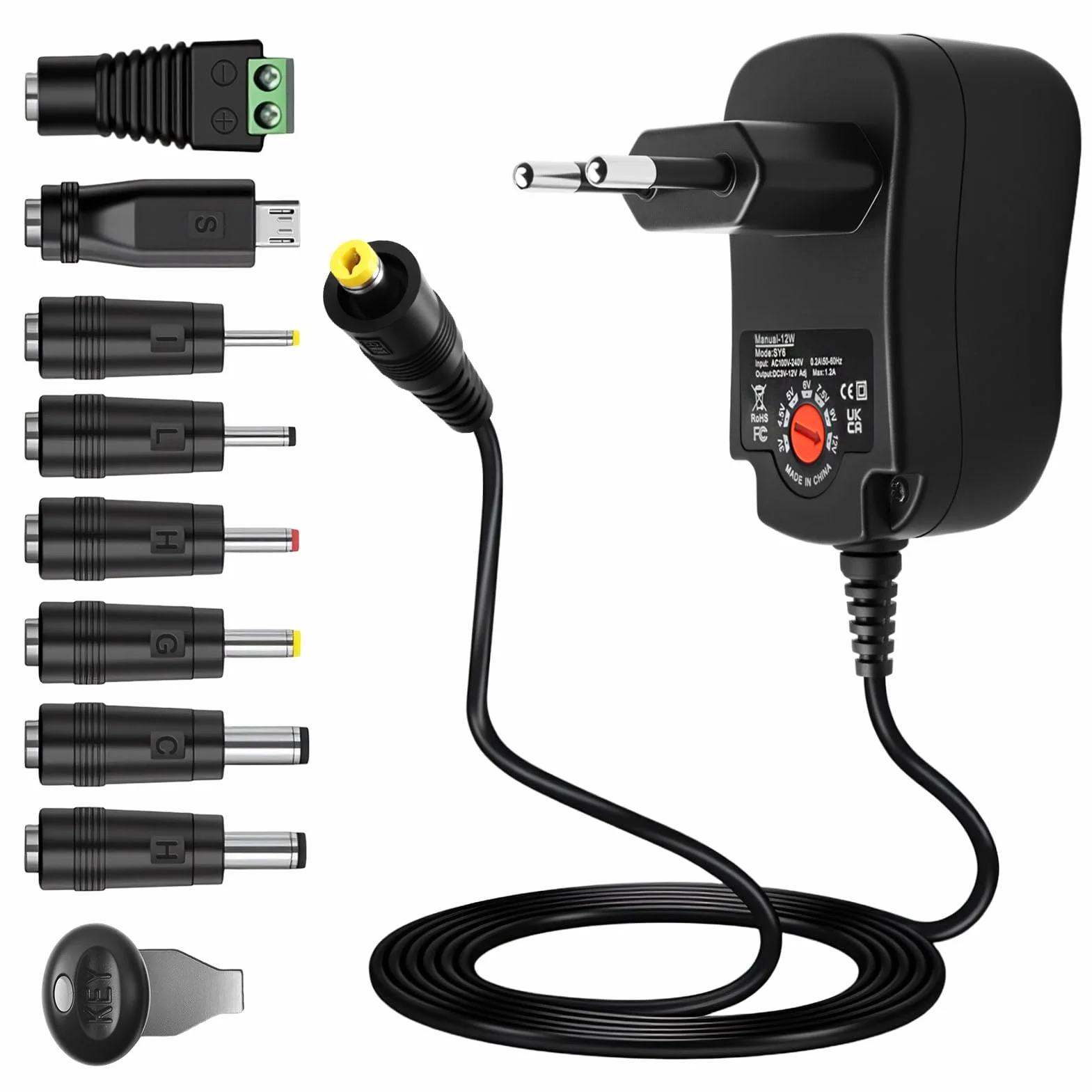 12 W - Adaptador de corriente universal AC/DC 3 V, 4,5 V, 5 V, 6 V, 7,5 V, 9 V, 12 V, con 8 conectores DC Transformador de alimentación multivoltaje para luz Router TV Box Cámara Tableta 1000 mA Max