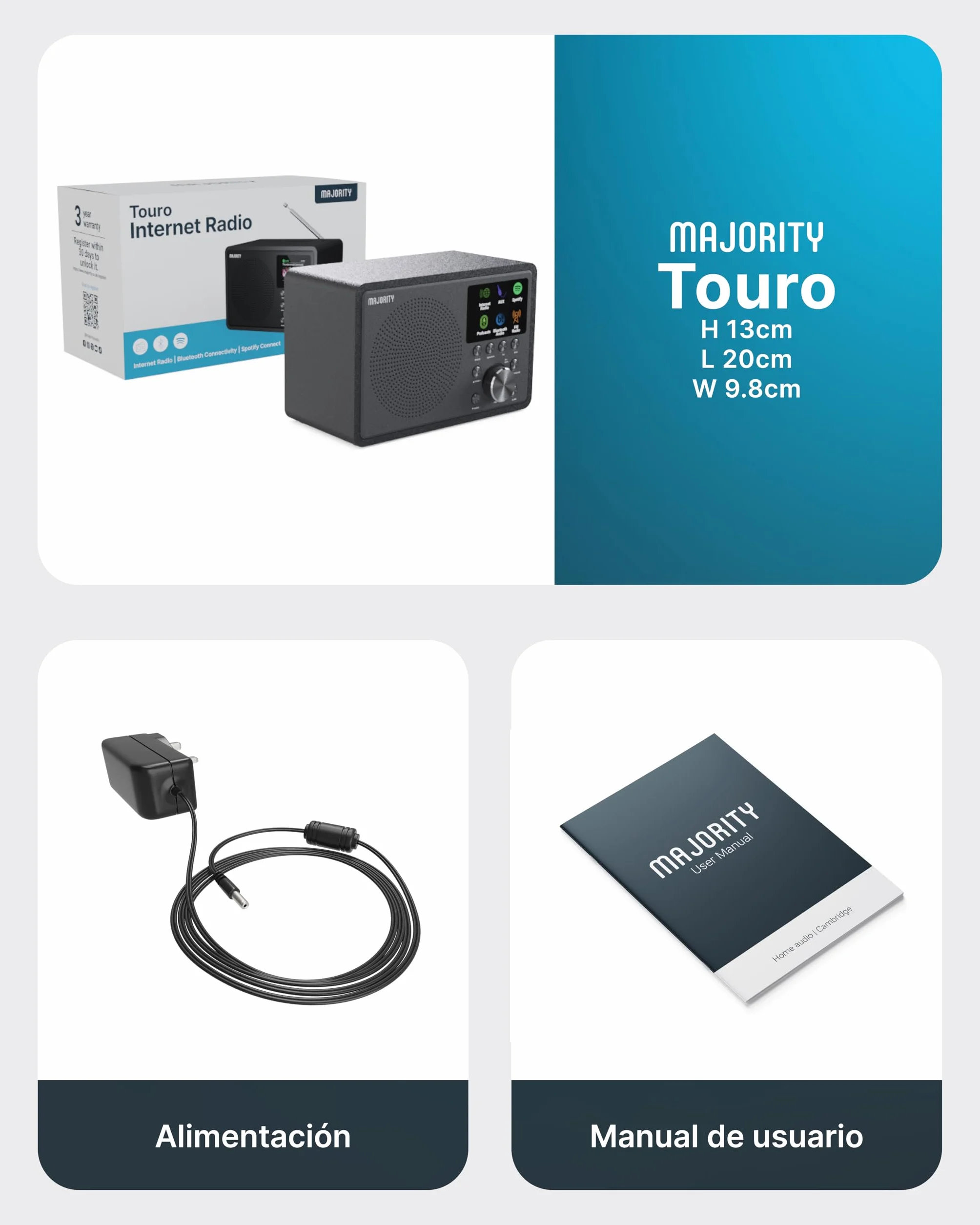 MAJORITY Radio Internet con Bluetooth | Dab+ FM Radio Internet WiFi | Radio WiFi con Altavoz DSP | Internet Radio con Spotify Connect y Podcasts | Multialarma, Control de la Aplicación Oktiv Touro