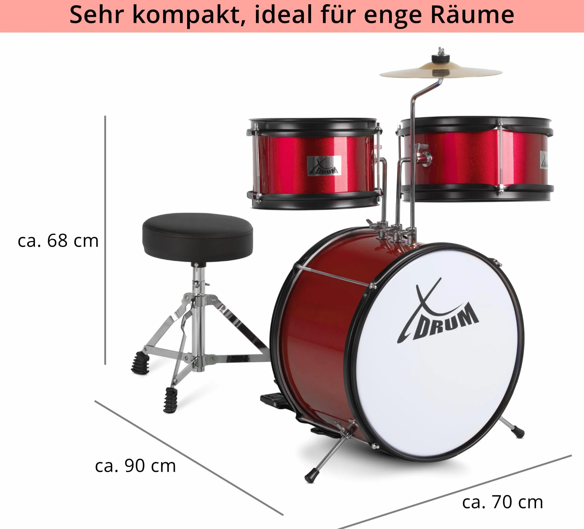 Batería XDrum Junior KIDS Incl. Escuela - Batería Compacta Para Niños - Para Niños De 3 A 5 Años - Montaje Muy Fácil - Con Escuela, Taburete, Baquetas Y Llave De Afinación - Roja
