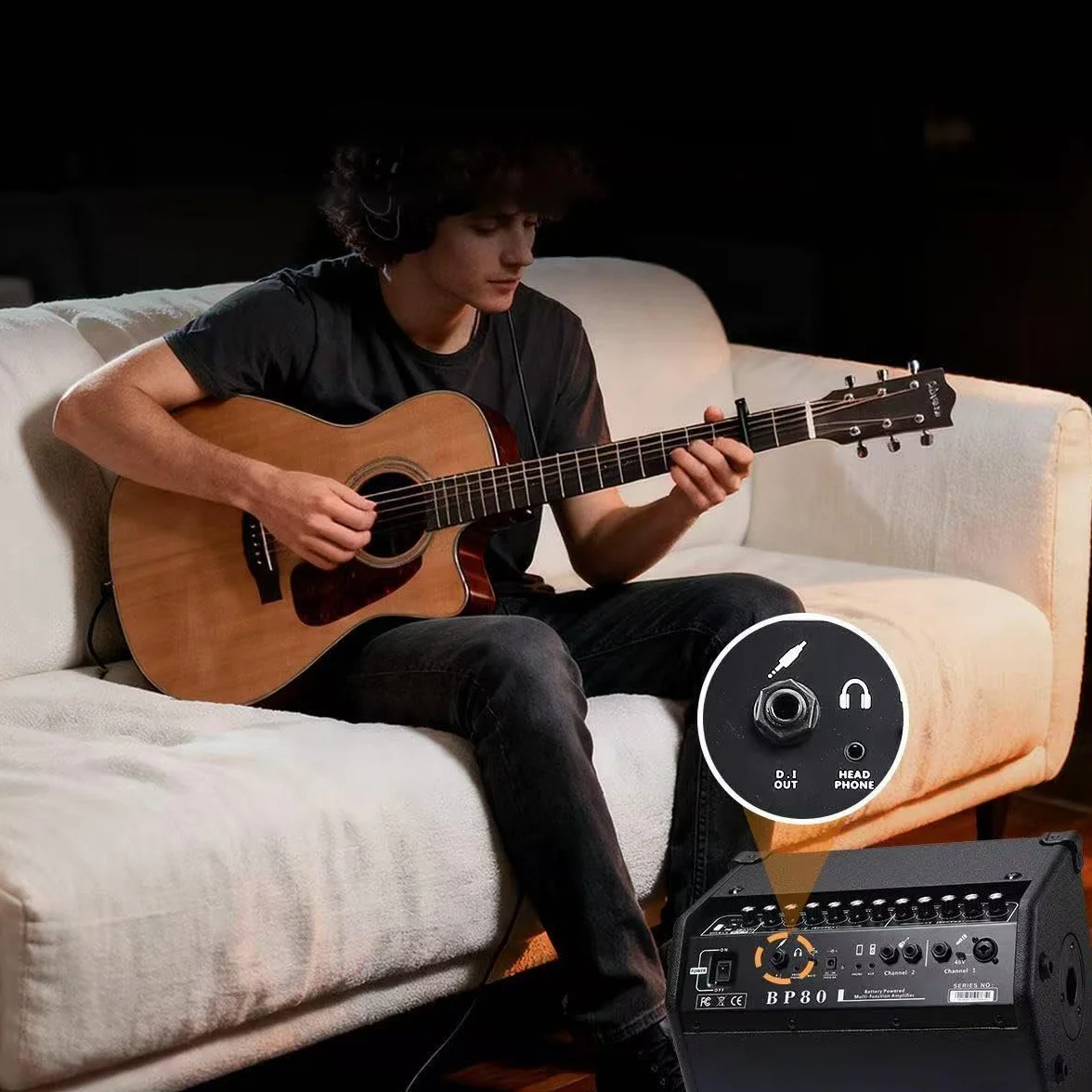 BP80 Amplificador de guitarra acústica con batería, altavoz portátil Bluetooth, 100 W, 6 entradas, ecualizador de 3 bandas, Negro