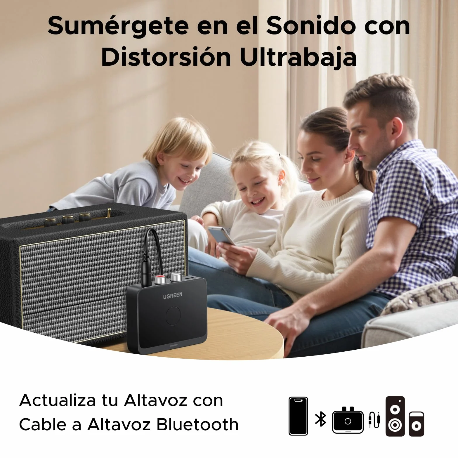 UGREEN Receptor Bluetooth 6.0 LDAC/SBC/AAC Audio USB-C Adaptador 2RCA 3.5 mm HiFi Baja Latencia Inalámbrico Compatible con Teléfono Tablet Altavoz Amplificador