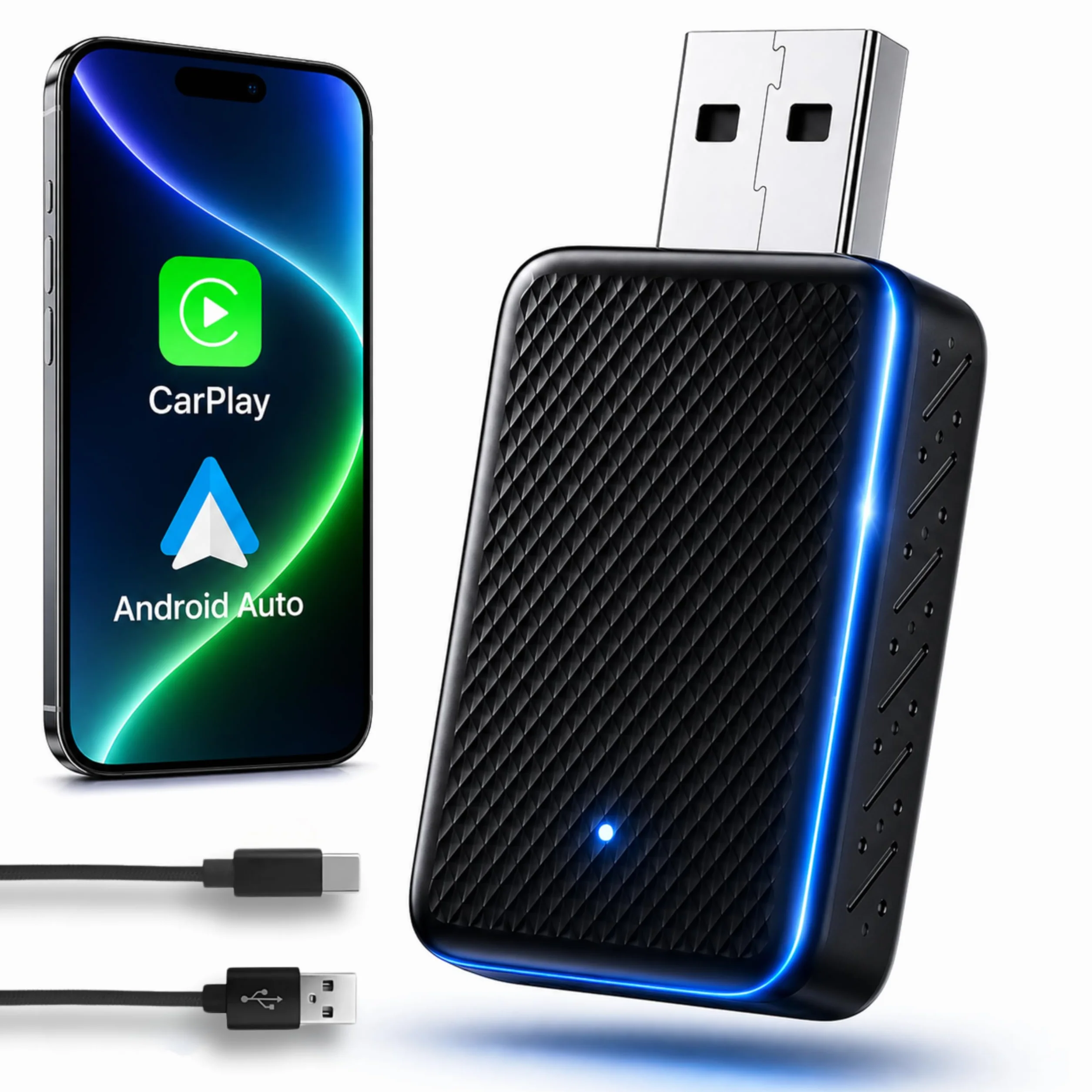 Adaptador USB CarPlay Inalámbrico 2 en 1, Receptor Auto iPhone, Android Auto, Compatible iOS 10+ Android 11+