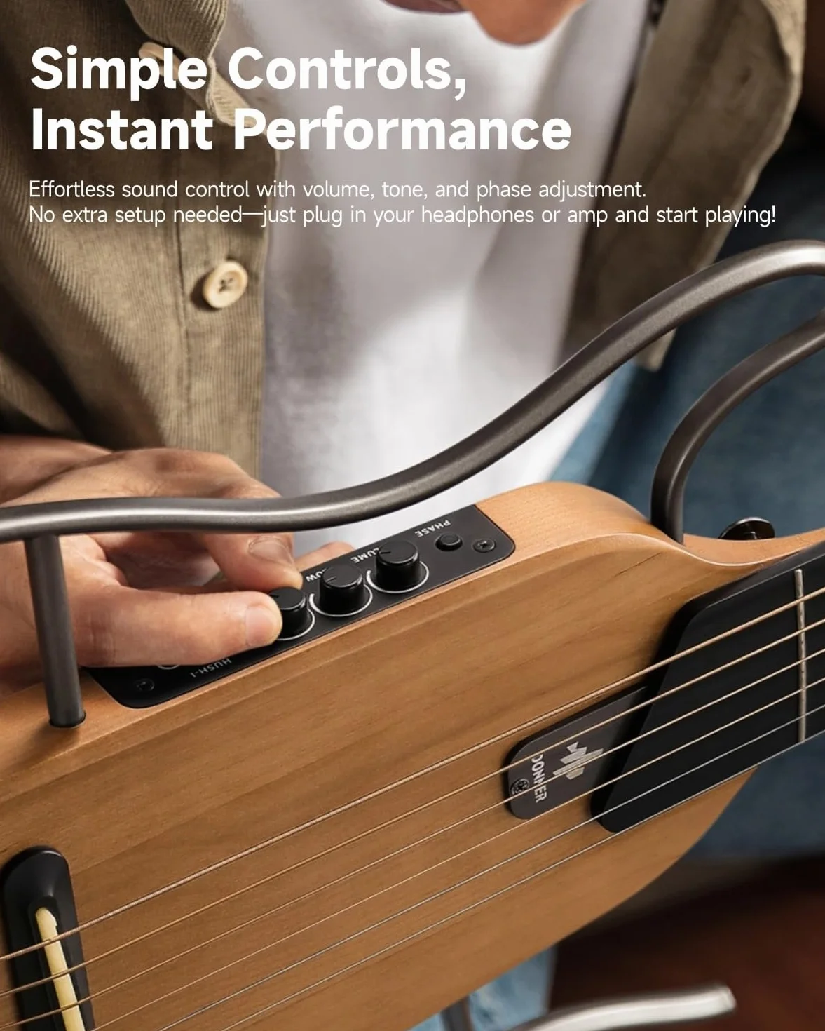 Donner HUSH-I Guitarra Portátil sin Cabeza - Guitarra Acústica-Eléctrica de Rendimiento Ultraligero y Callado para Viajes, Cuerpo de Arce con Marcos Removibles, Bolsa de Transporte y Accesorios