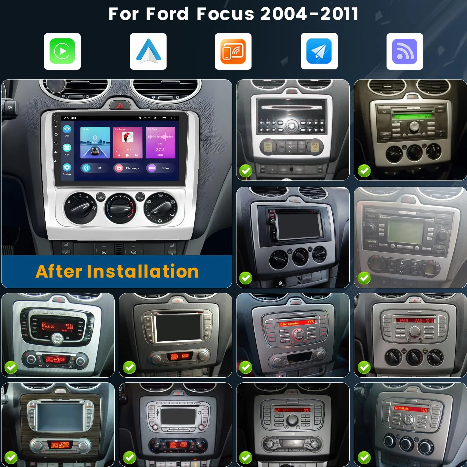 Inefala 8 Núcleos 4+64G Android 15 Radio para Ford Focus 2004-2011, 9 Pulgadas HD Pantalla Táctil con CarPlay y Android Auto, GPS, Cámara Trasera