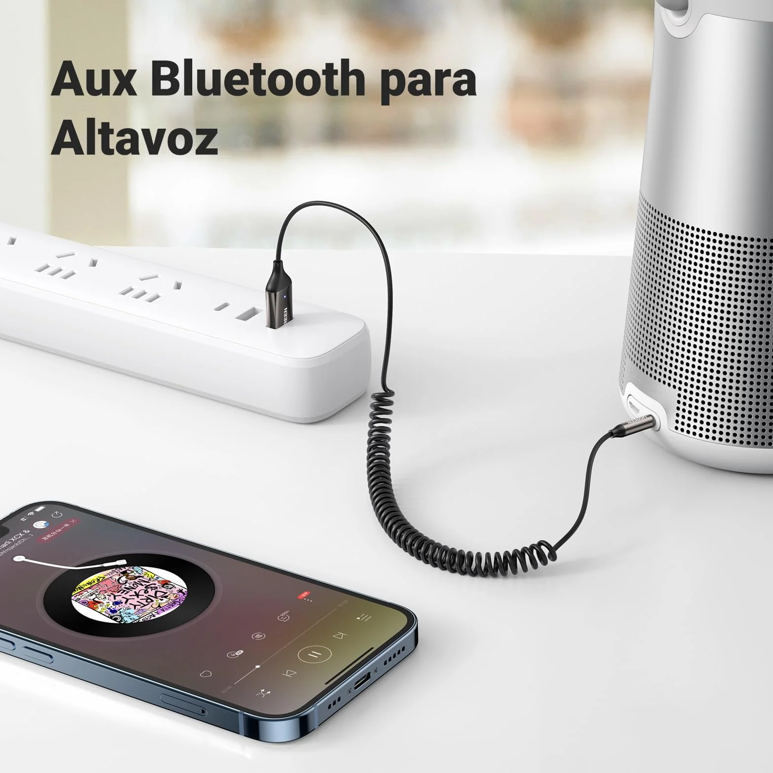 UGREEN Bluetooth 6.0 Adaptador Jack 3.5mm Auxiliar Conector Audio Coche Manos Libres, Gris Oscuro