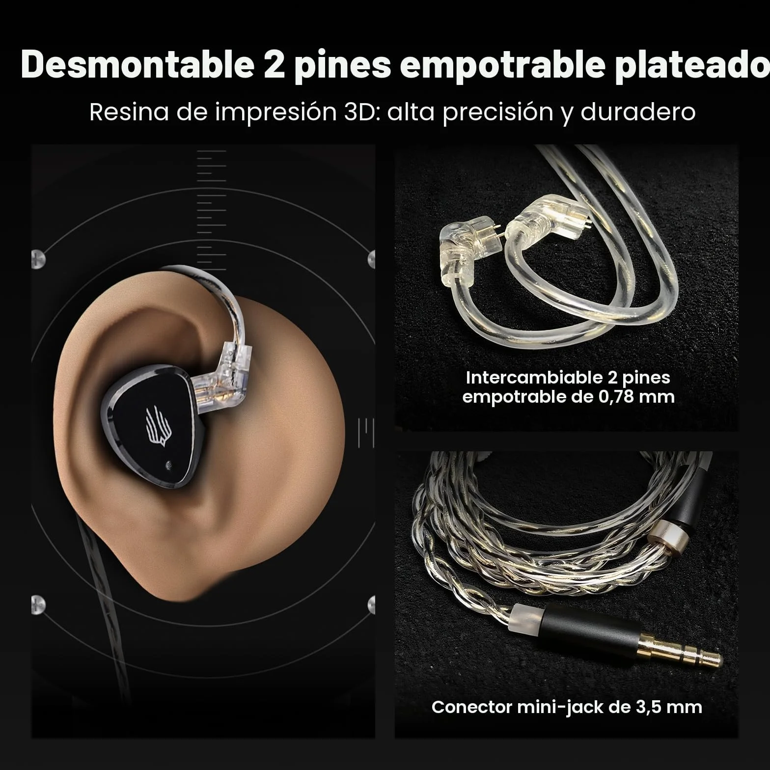 LINSOUL SIMGOT EM6L Monitor de Altavoces Híbrido con Carcasa 3D, Auriculares HiFi In-Ear, Cable OFC Plateado Extraíble (Negro, EM6L)