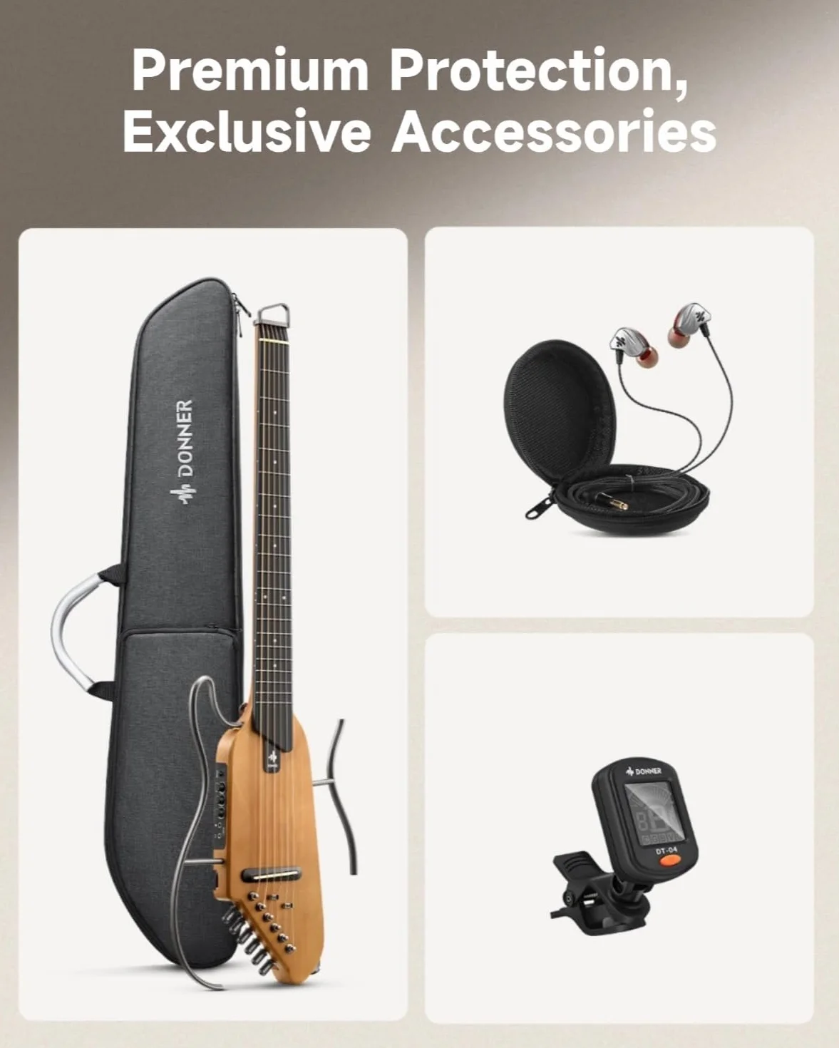 Donner HUSH-I Guitarra Portátil sin Cabeza - Guitarra Acústica-Eléctrica de Rendimiento Ultraligero y Callado para Viajes, Cuerpo de Arce con Marcos Removibles, Bolsa de Transporte y Accesorios