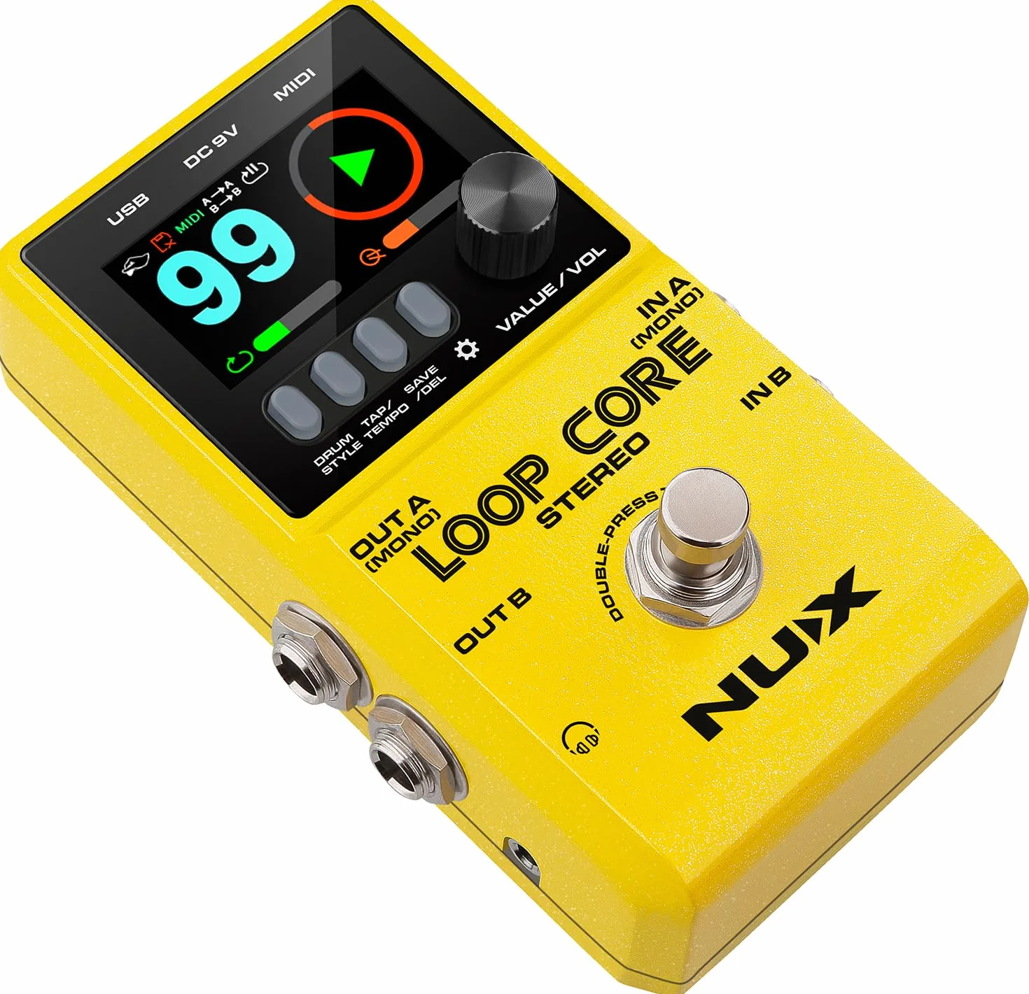 Pedal estéreo NU-X Loop Core | Looper de alta definición con 99 ranuras de guardado, entradas/salidas estéreo, control MIDI y máquina de tambor integrada
