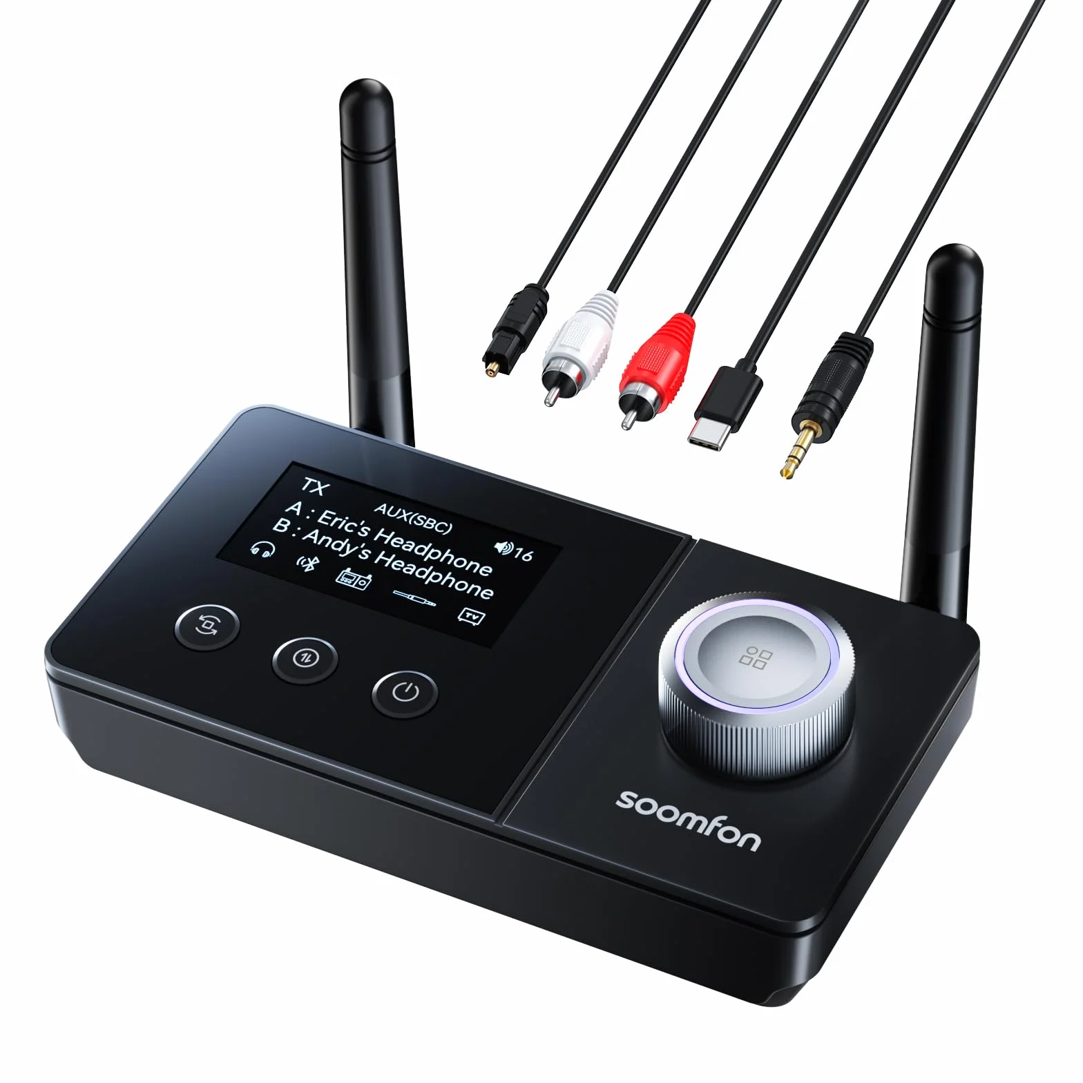 SOOMFON Bluetooth 5.3 Transmisor Receptor, 3 en 1 Bluetooth Adaptador Audio con AUX 3.5mm/RCA/Óptico, Adaptador Doble Conexión, Receptor Emisor para TV/Auriculares/Sistemas de Sonido
