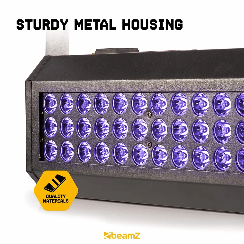 BeamZ Flood 36UV Luz LED Negra con 36 leds de 3W ultravioleta, Juego de Luces, DMX, XLR, Control de Sonido, Pantalla LED, Función Estroboscópica, Ideal para Fiestas Temáticas, discoteca, eventos