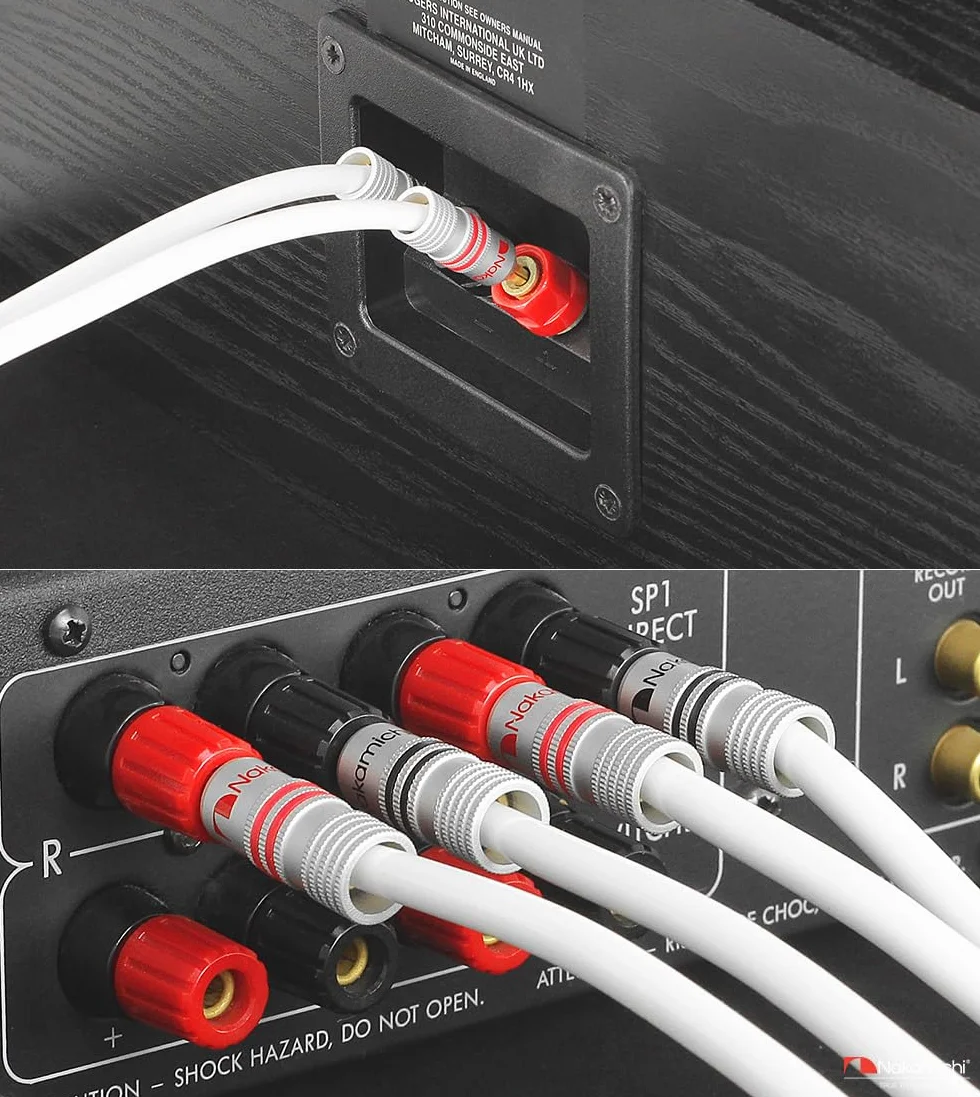 Nakamichi Excel Series Conector tipo banana chapado en oro de 24 quilates con cable de altavoz (6 pies) 99.9% cobre libre de oxígeno (OFC) trenzado resistente - Blanco (12 AWG / 6 pies / 1.8 m)